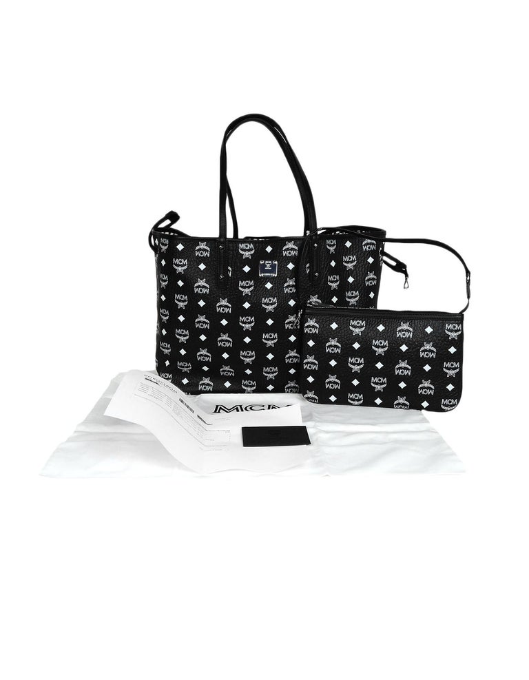 MCM Black/White Monogram Visetos Medium Liz Reversible Shopper Tote Bag