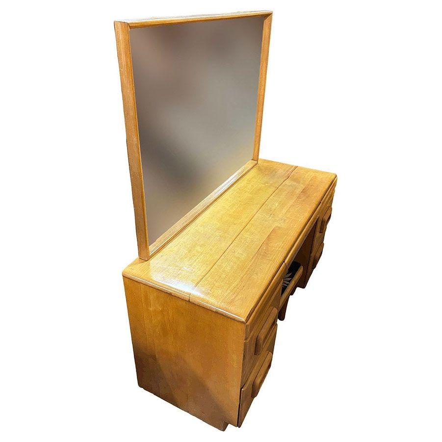 Mid-century blonde maple vanity with matching stool designed by Russel Wright for Conant Ball part of the 