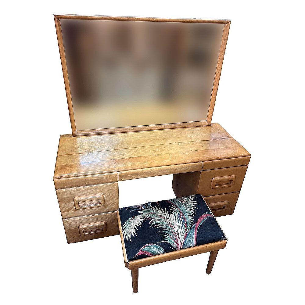 Mid-Century Modern MCM Blond Maple Vanity/ Dressing Table w/ Bench by Russel Wright for Con For Sale