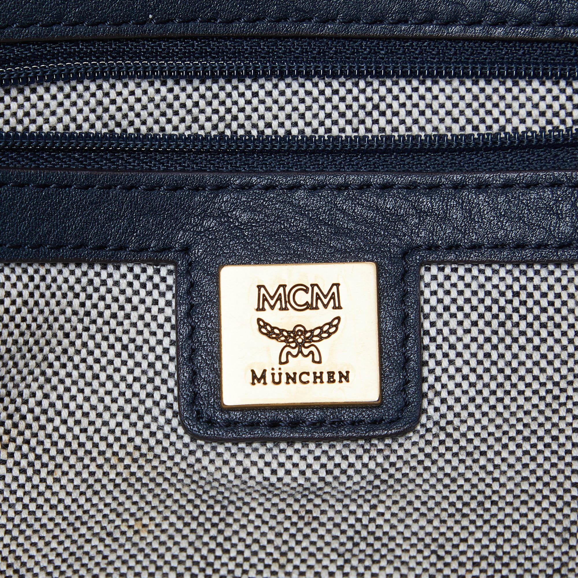 MCM Blue/Brown Leather Zip Shopper Tote For Sale 5