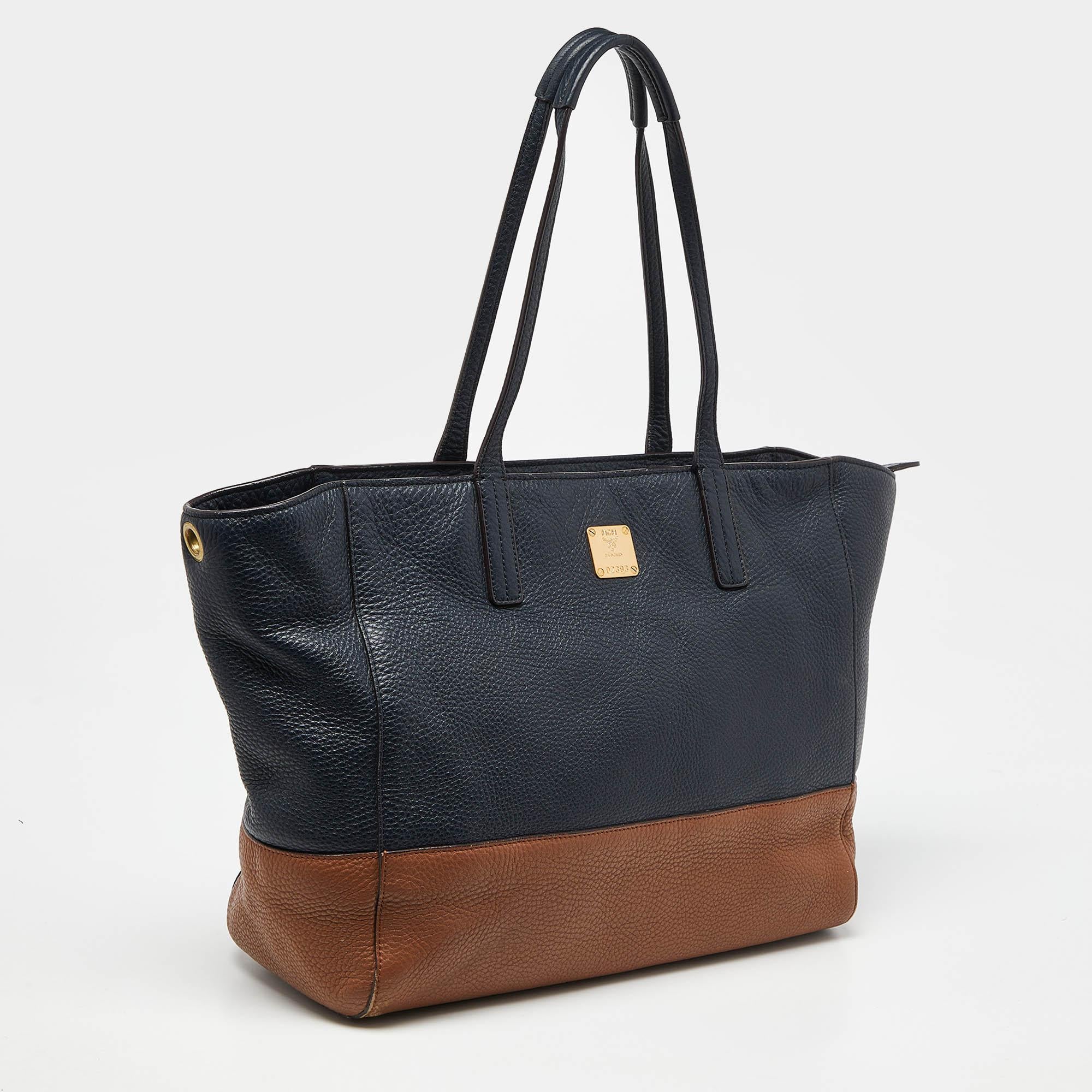 Black MCM Blue/Brown Leather Zip Shopper Tote For Sale
