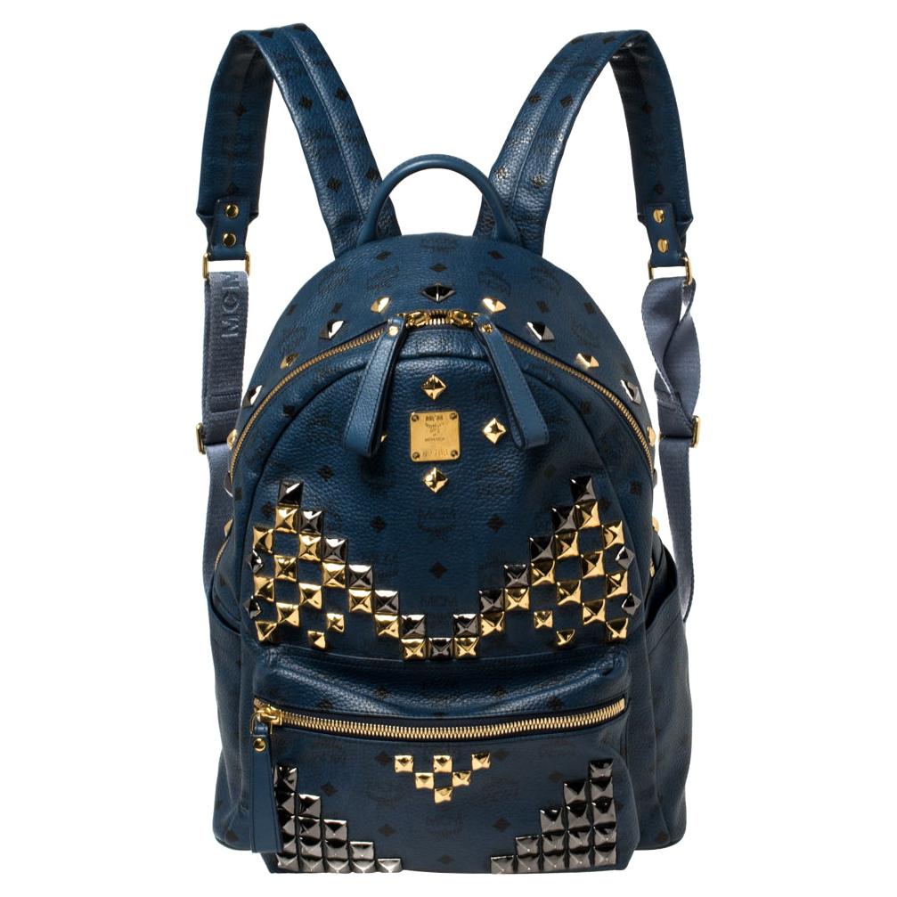 MCM Blue Coated Canvas and Leather Large Studs Stark Backpack