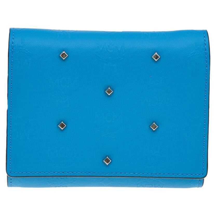 MCM Blue Coated Canvas Studded Claudia Trifold Wallet