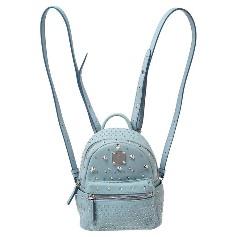 MCM Blue Leather X Mini Studded Strak-Bebe Boo Backpack For Sale at 1stDibs