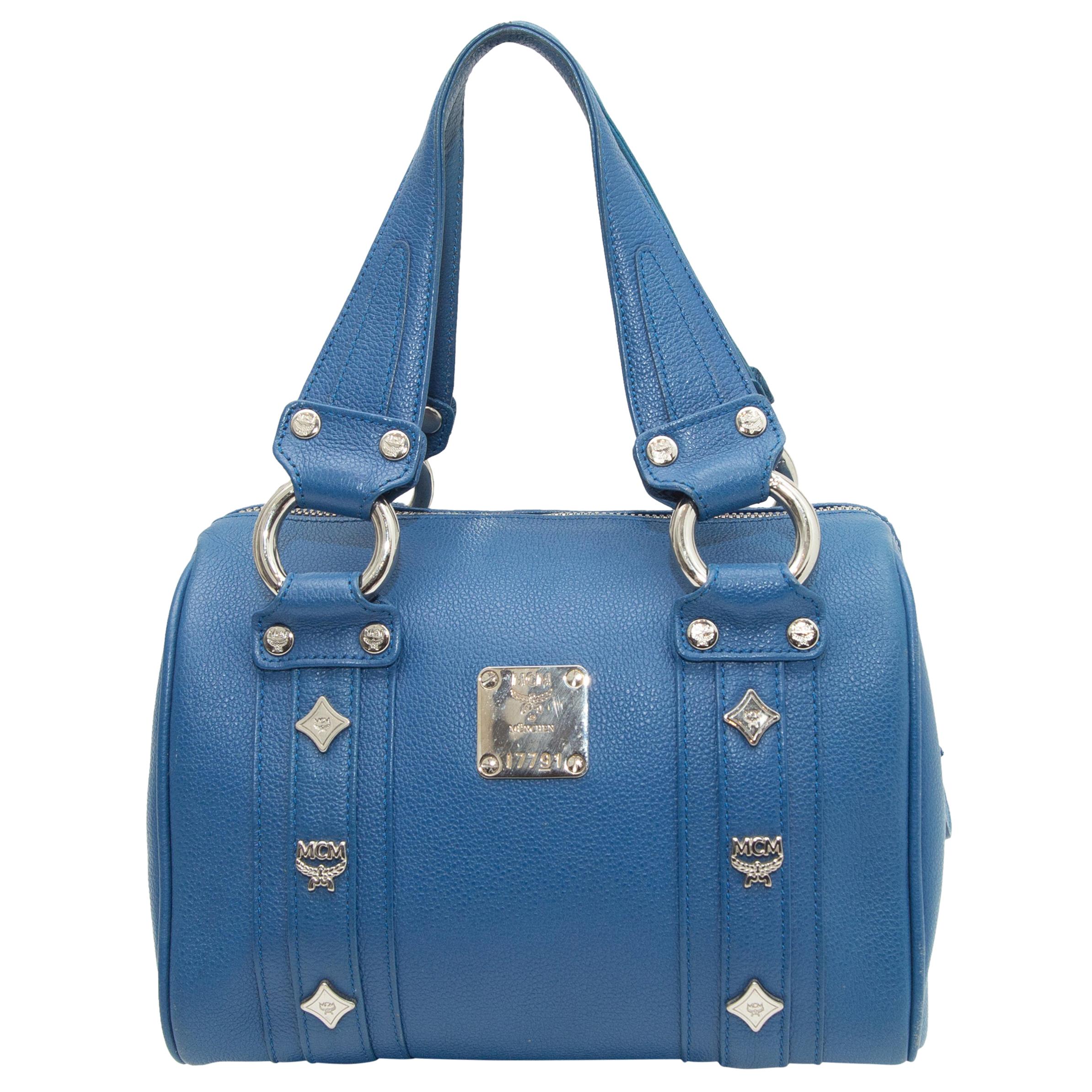 MCM Blue Small Leather Boston Handbag