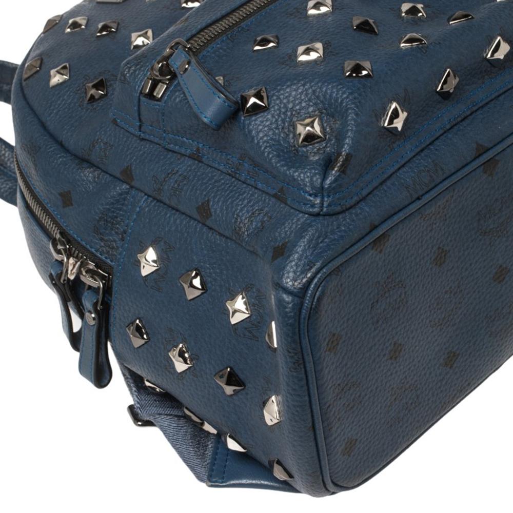 MCM Blue Visetos Coated Canvas and Leather Small Studs Stark Backpack In Good Condition In Dubai, Al Qouz 2