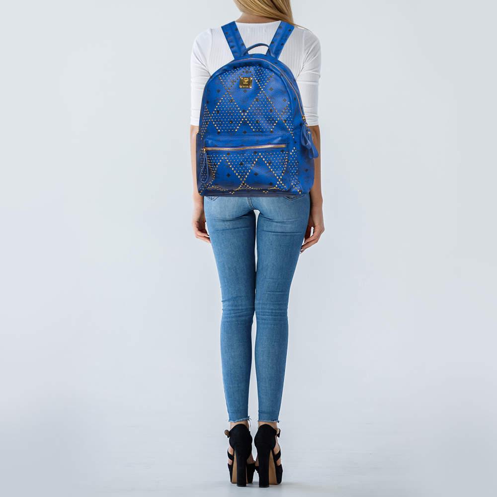 MCM Blue Visetos Leather Large Studded Stark Backpack For Sale 6
