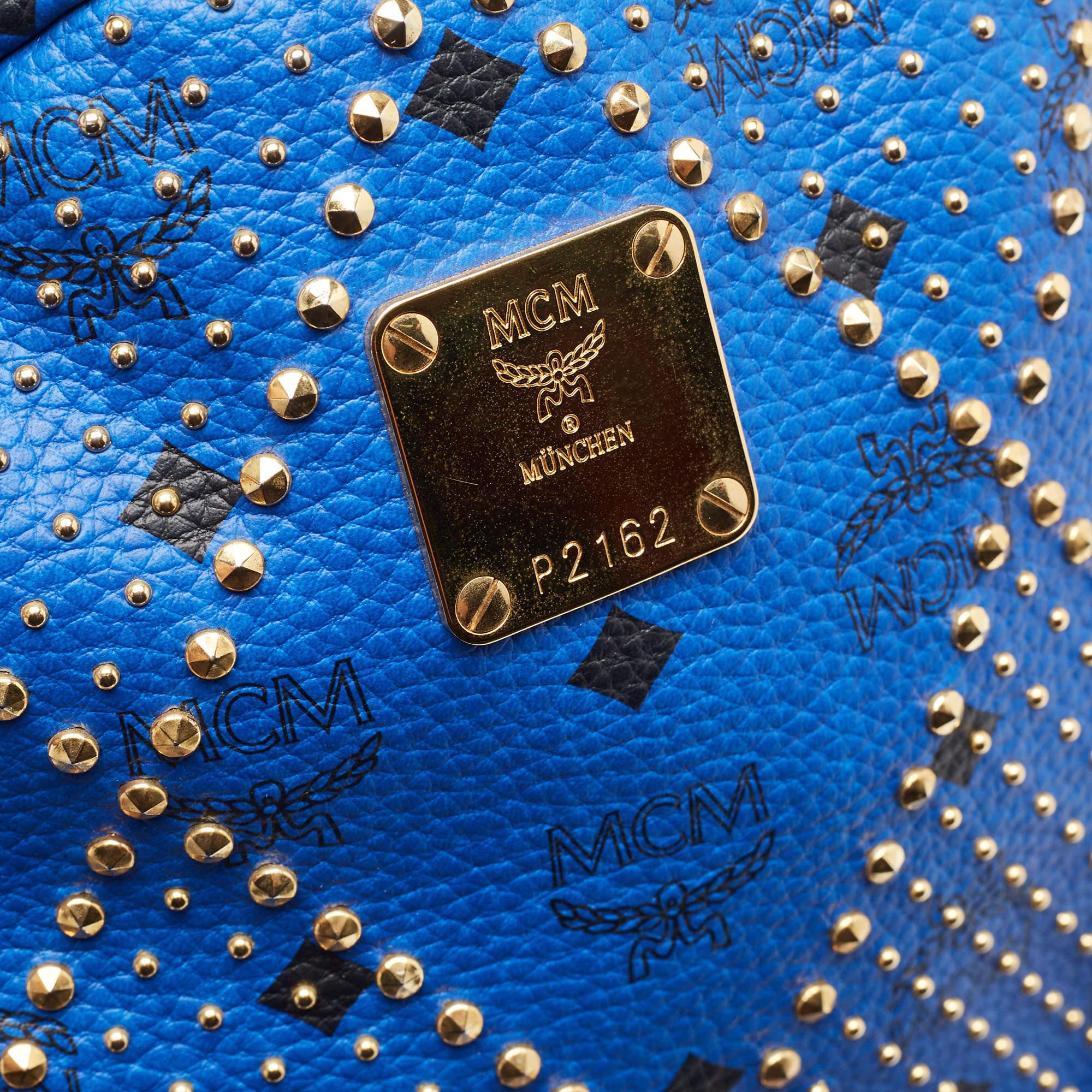 MCM Blue Visetos Leather Large Studded Stark Backpack For Sale 7