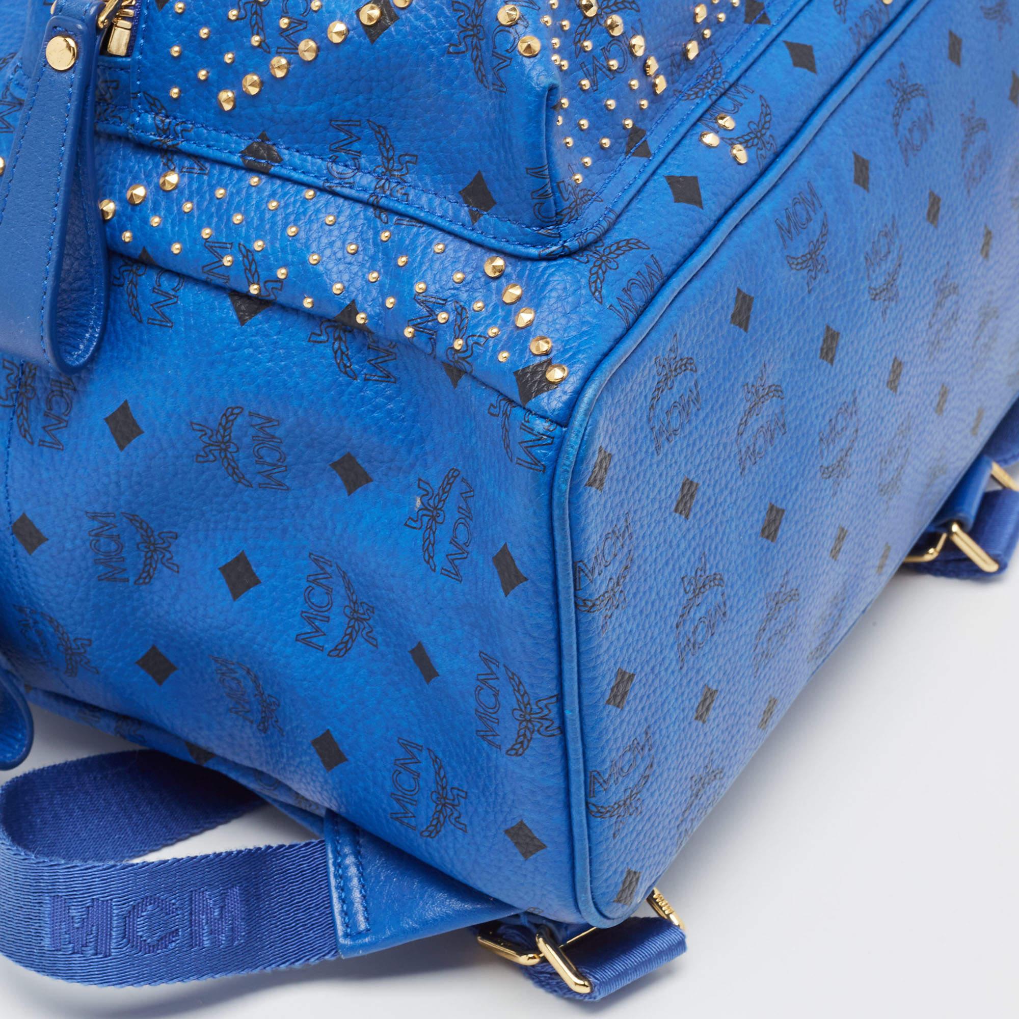 MCM Blue Visetos Leather Large Studded Stark Backpack For Sale 8