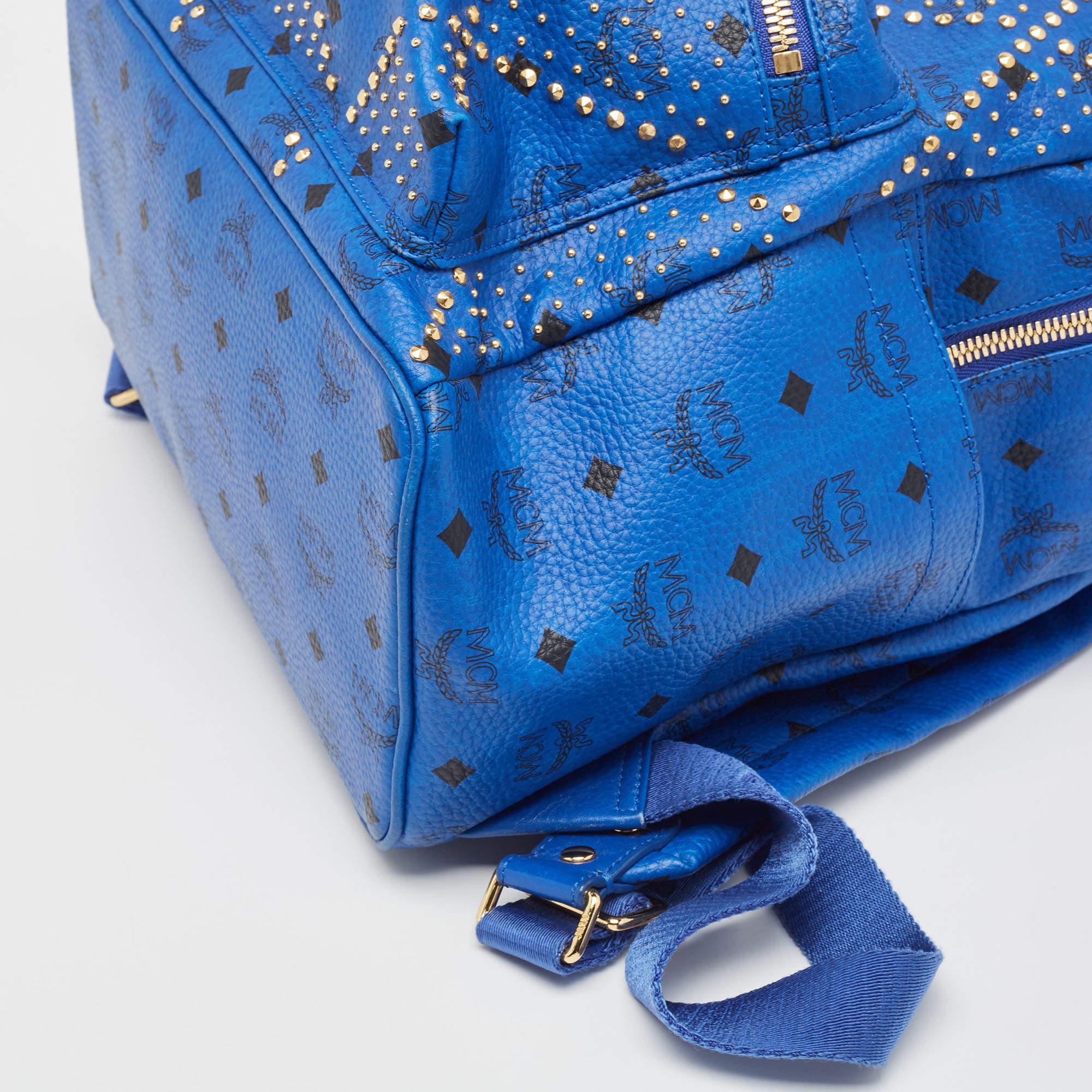 MCM Blue Visetos Leather Large Studded Stark Backpack For Sale 9