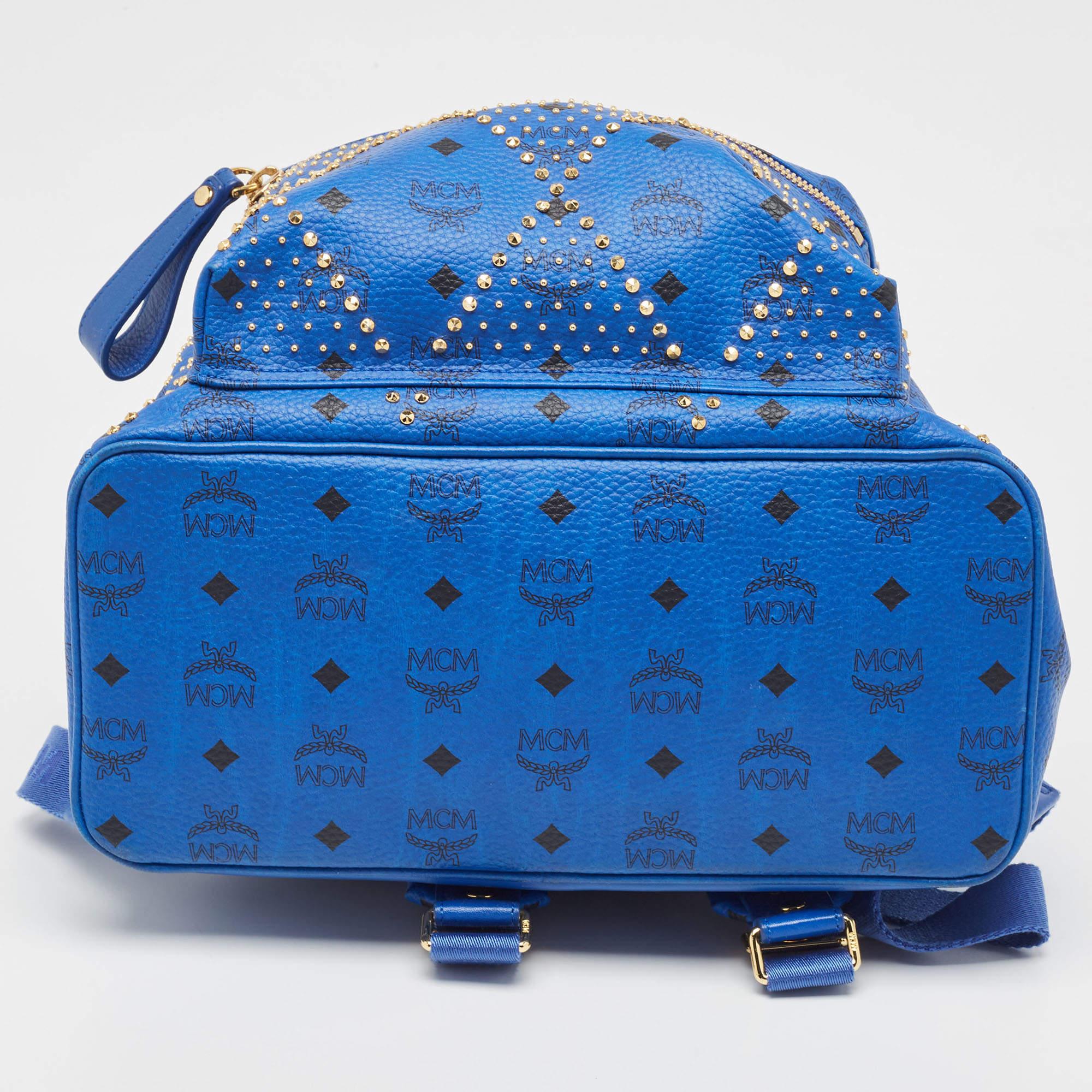 MCM Blue Visetos Leather Large Studded Stark Backpack In Excellent Condition For Sale In Dubai, Al Qouz 2
