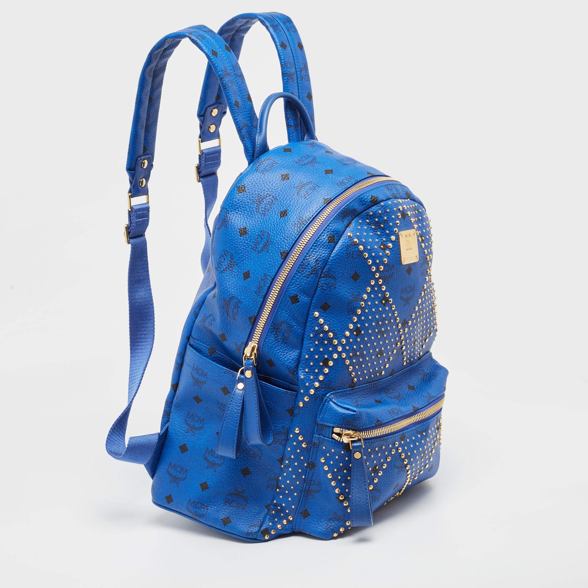 Women's MCM Blue Visetos Leather Large Studded Stark Backpack For Sale
