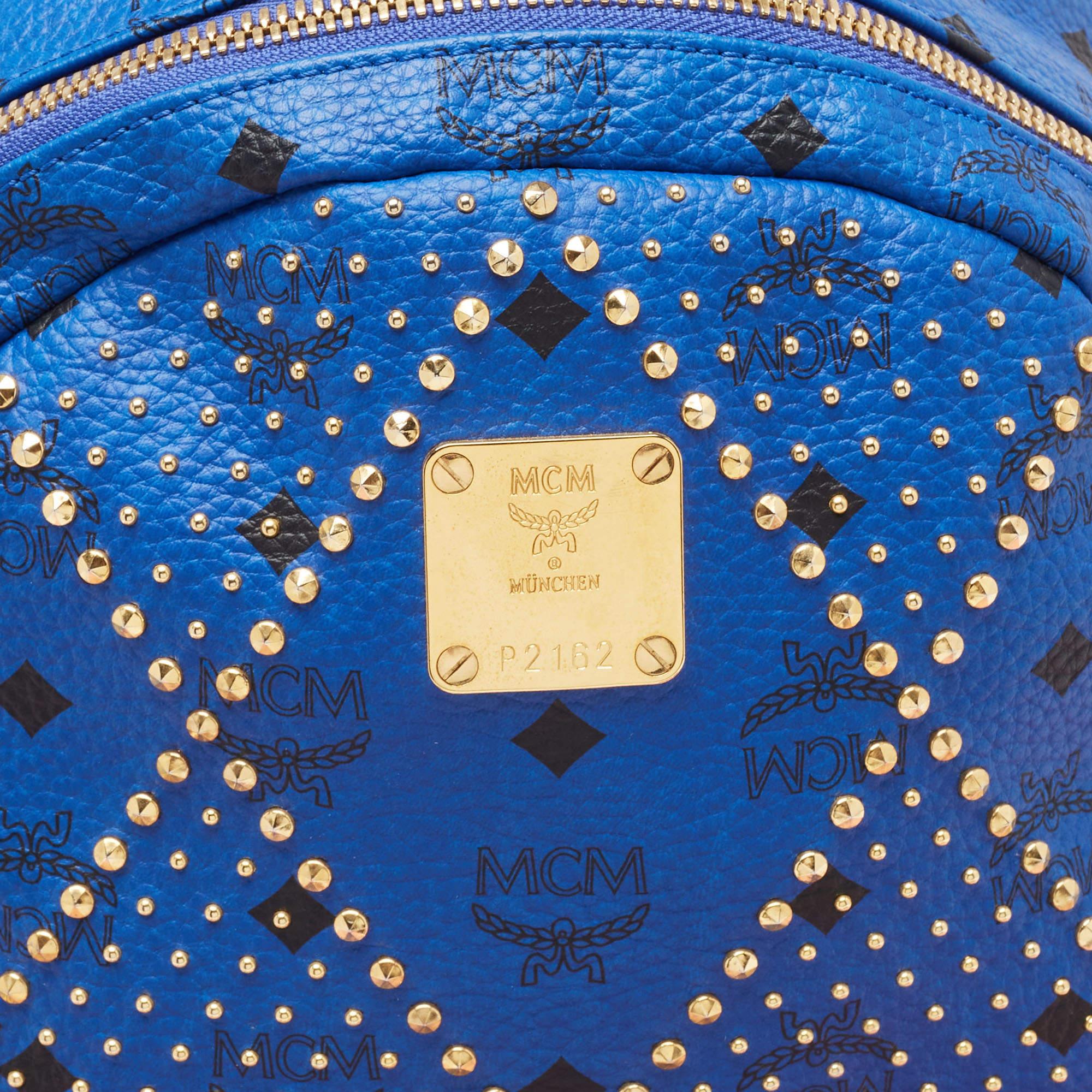 MCM Blue Visetos Leather Large Studded Stark Backpack For Sale 1