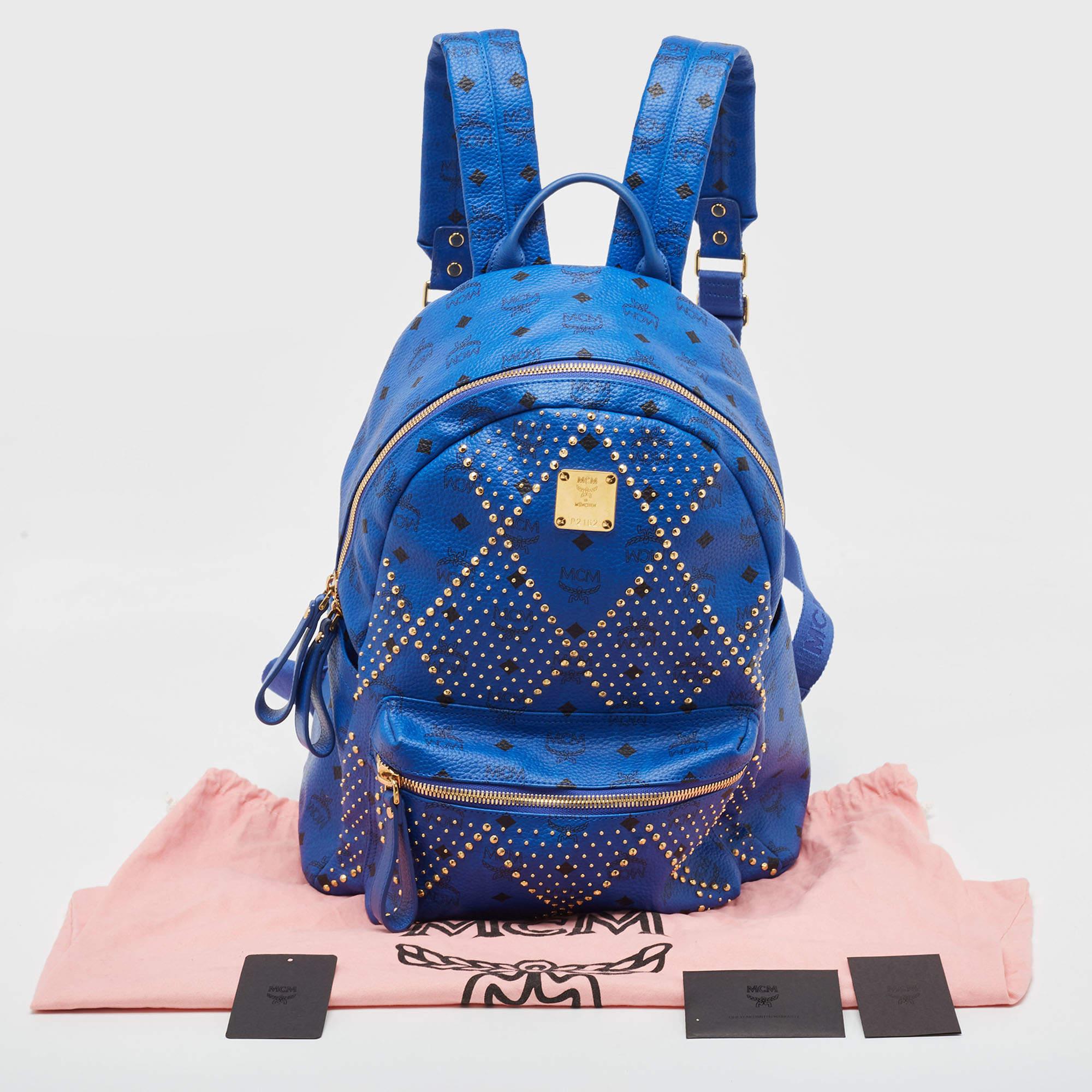 MCM Blue Visetos Leather Large Studded Stark Backpack For Sale 2