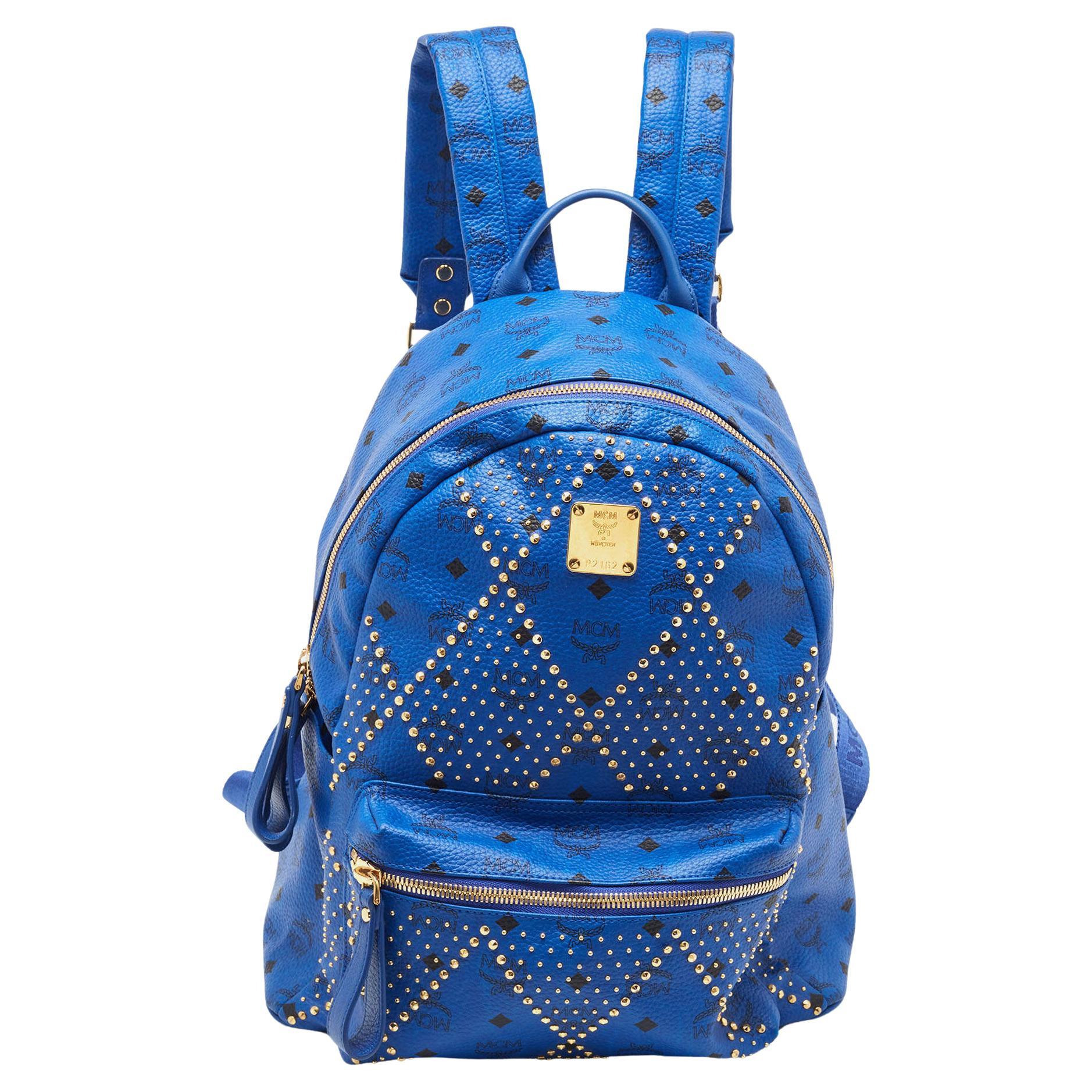MCM Blue Visetos Leather Large Studded Stark Backpack For Sale