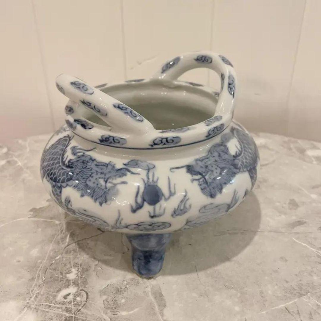Chinoiserie MCM Blue & White Two Dragons & Pearl Porcelain Incense Burner Tripod Bowl For Sale