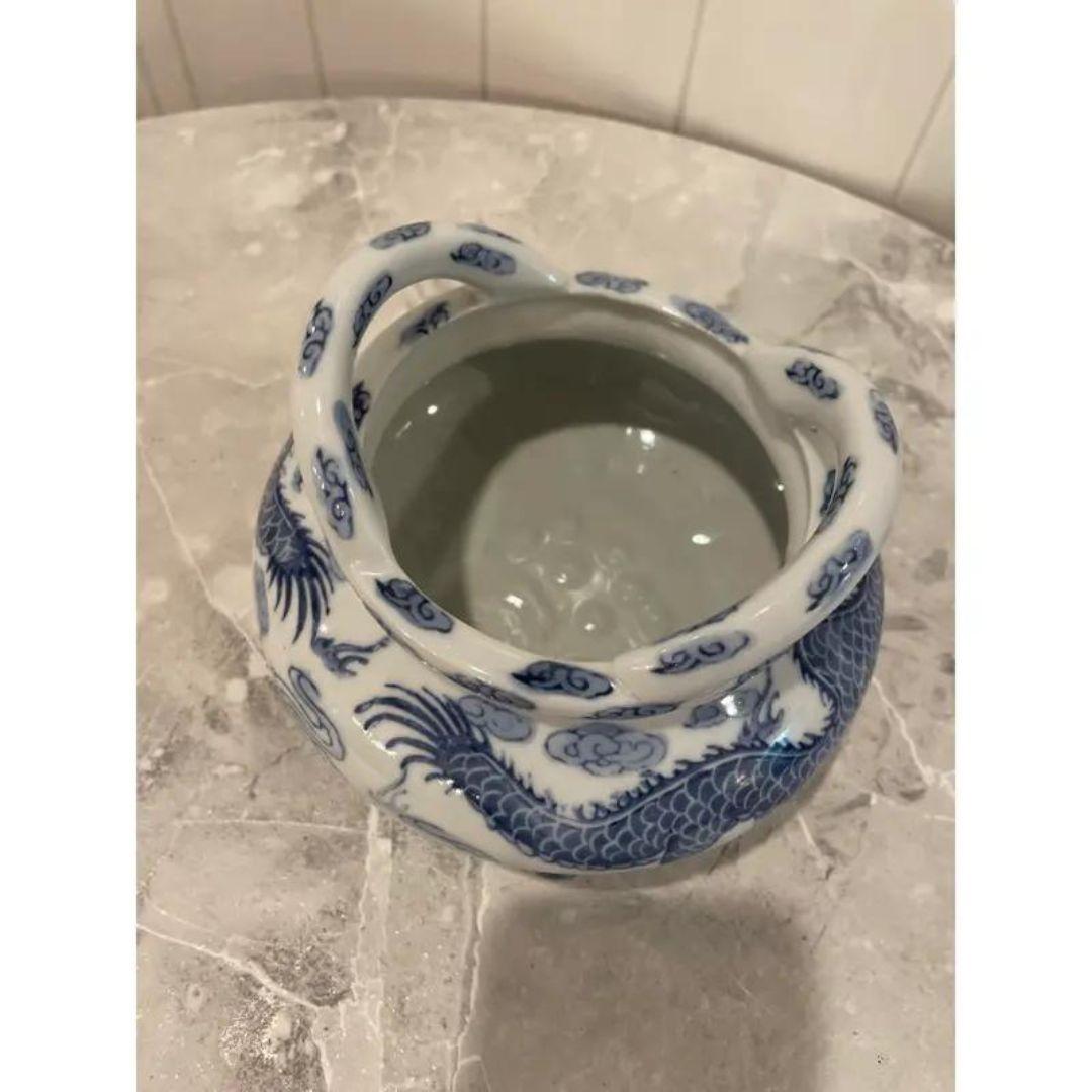 Unknown MCM Blue & White Two Dragons & Pearl Porcelain Incense Burner Tripod Bowl For Sale