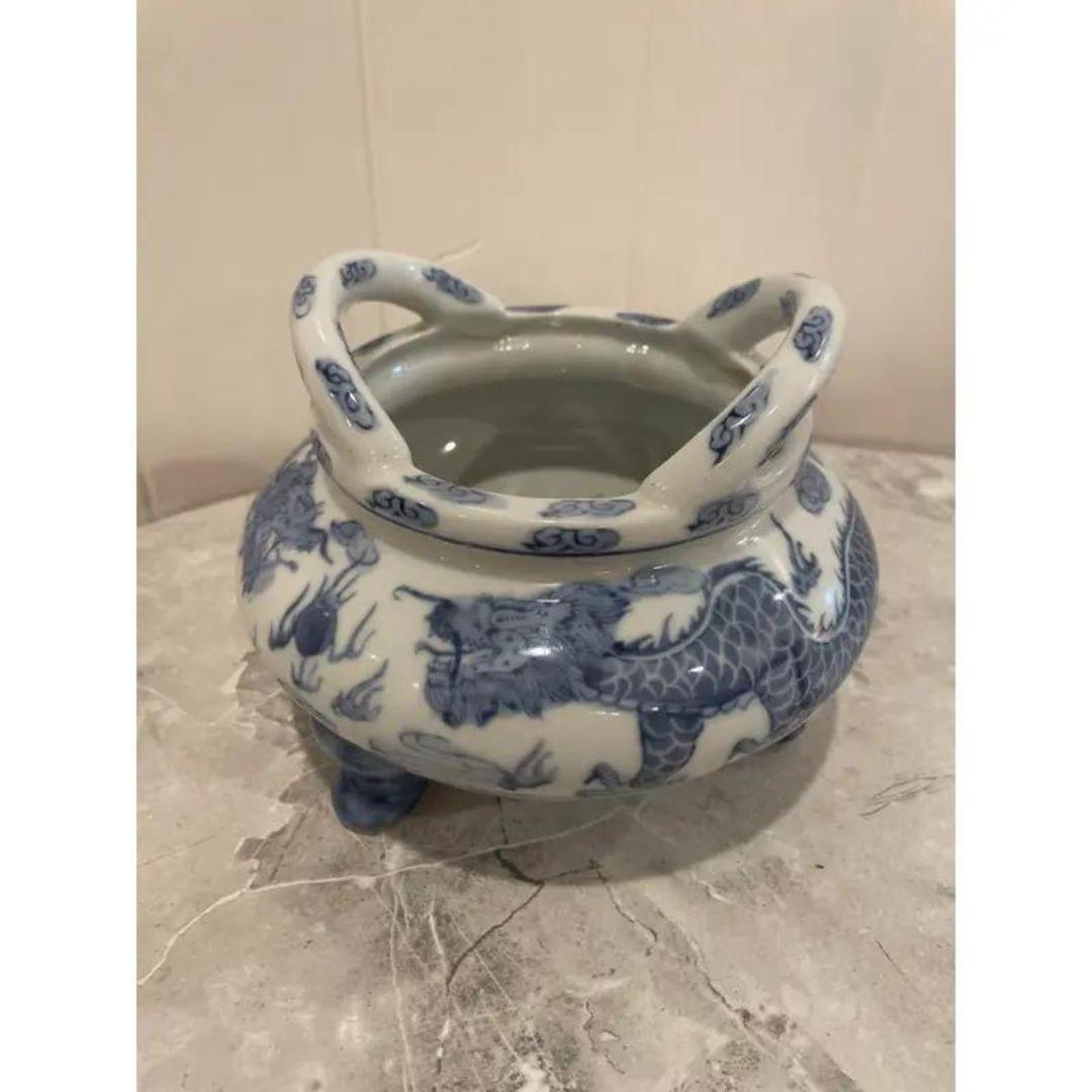 MCM Blue & White Two Dragons & Pearl Porcelain Incense Burner Tripod Bowl In Good Condition For Sale In Cookeville, TN