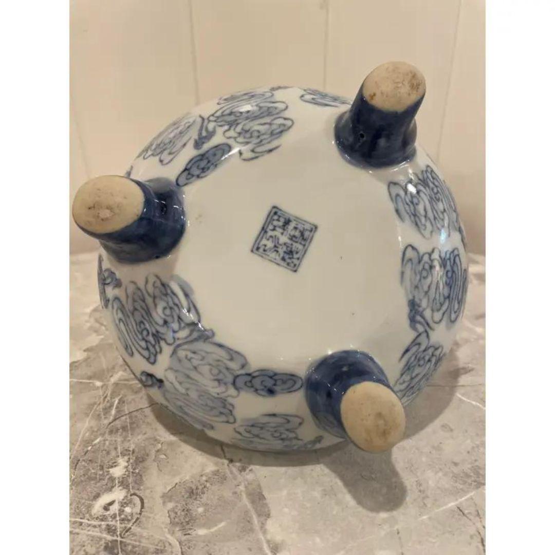 20th Century MCM Blue & White Two Dragons & Pearl Porcelain Incense Burner Tripod Bowl For Sale