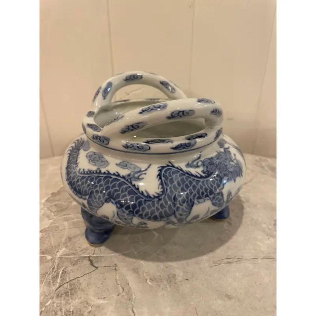 MCM Blue & White Two Dragons & Pearl Porcelain Incense Burner Tripod Bowl For Sale 2