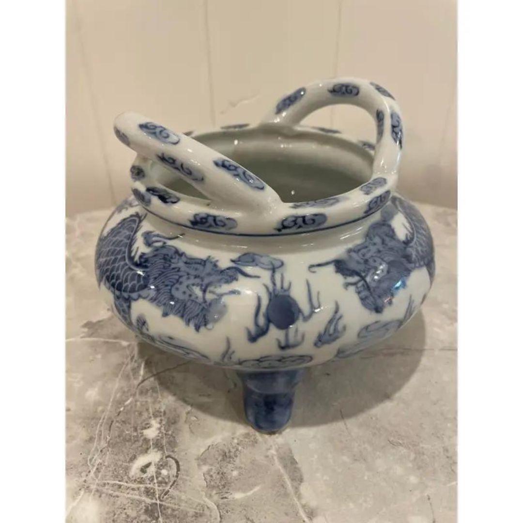 MCM Blue & White Two Dragons & Pearl Porcelain Incense Burner Tripod Bowl For Sale 3