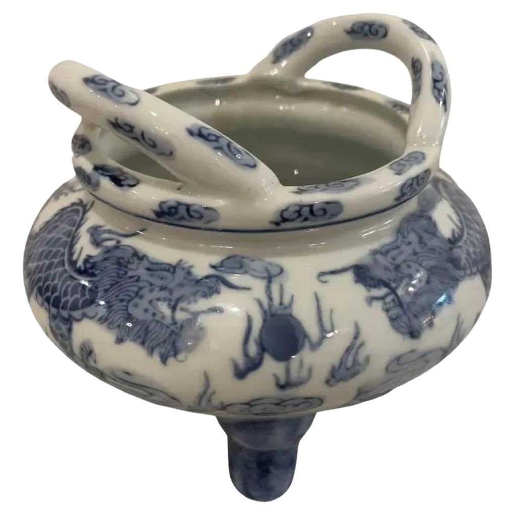 MCM Blue & White Two Dragons & Pearl Porcelain Incense Burner Tripod Bowl For Sale