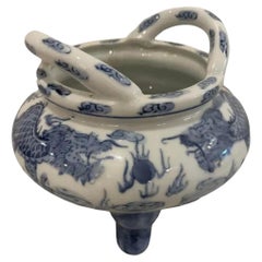 Vintage MCM Blue & White Two Dragons & Pearl Porcelain Incense Burner Tripod Bowl