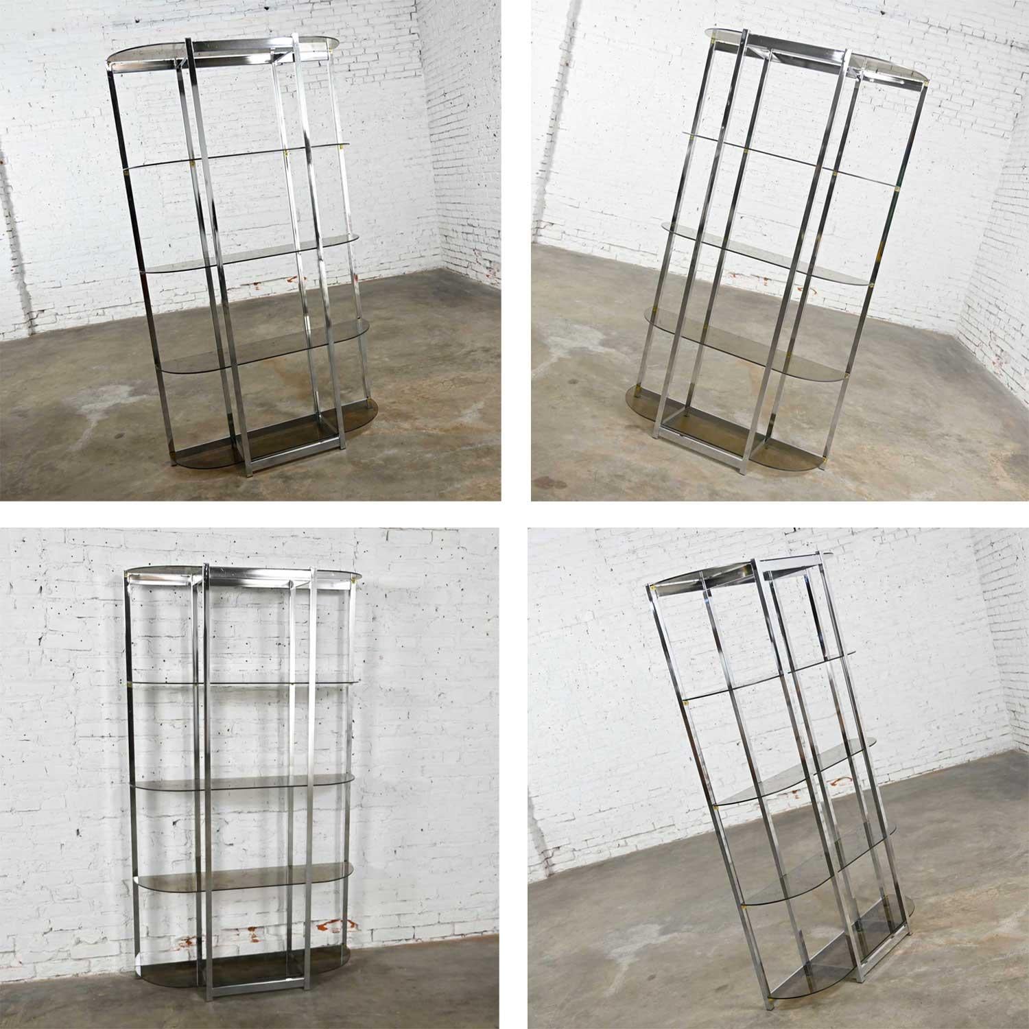 MCM Bow Shape Chrome Étagère 5 Smoked Glass Shelves Style of James David or DIA For Sale 5