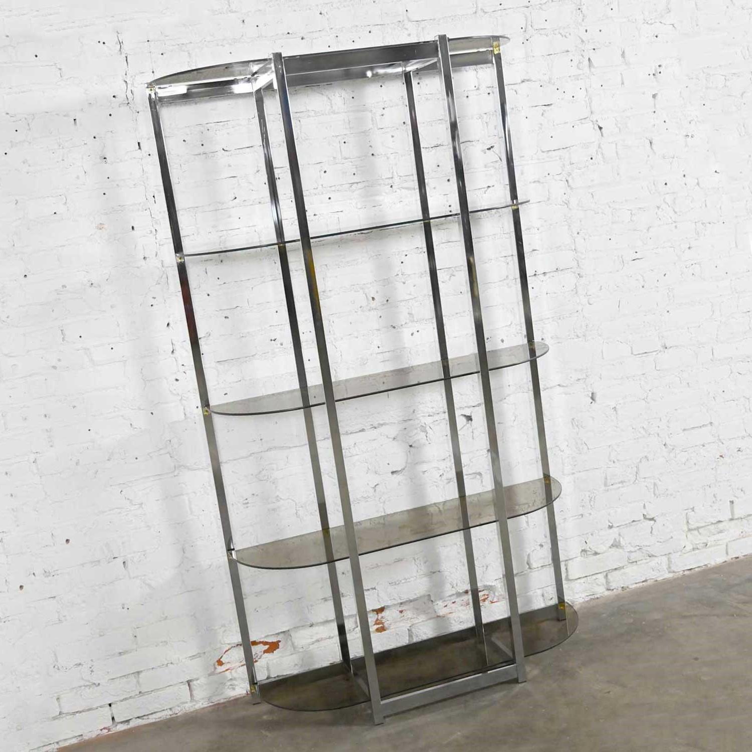 Mid-Century Modern MCM Bow Shape Chrome Étagère 5 Smoked Glass Shelves Style of James David or DIA For Sale