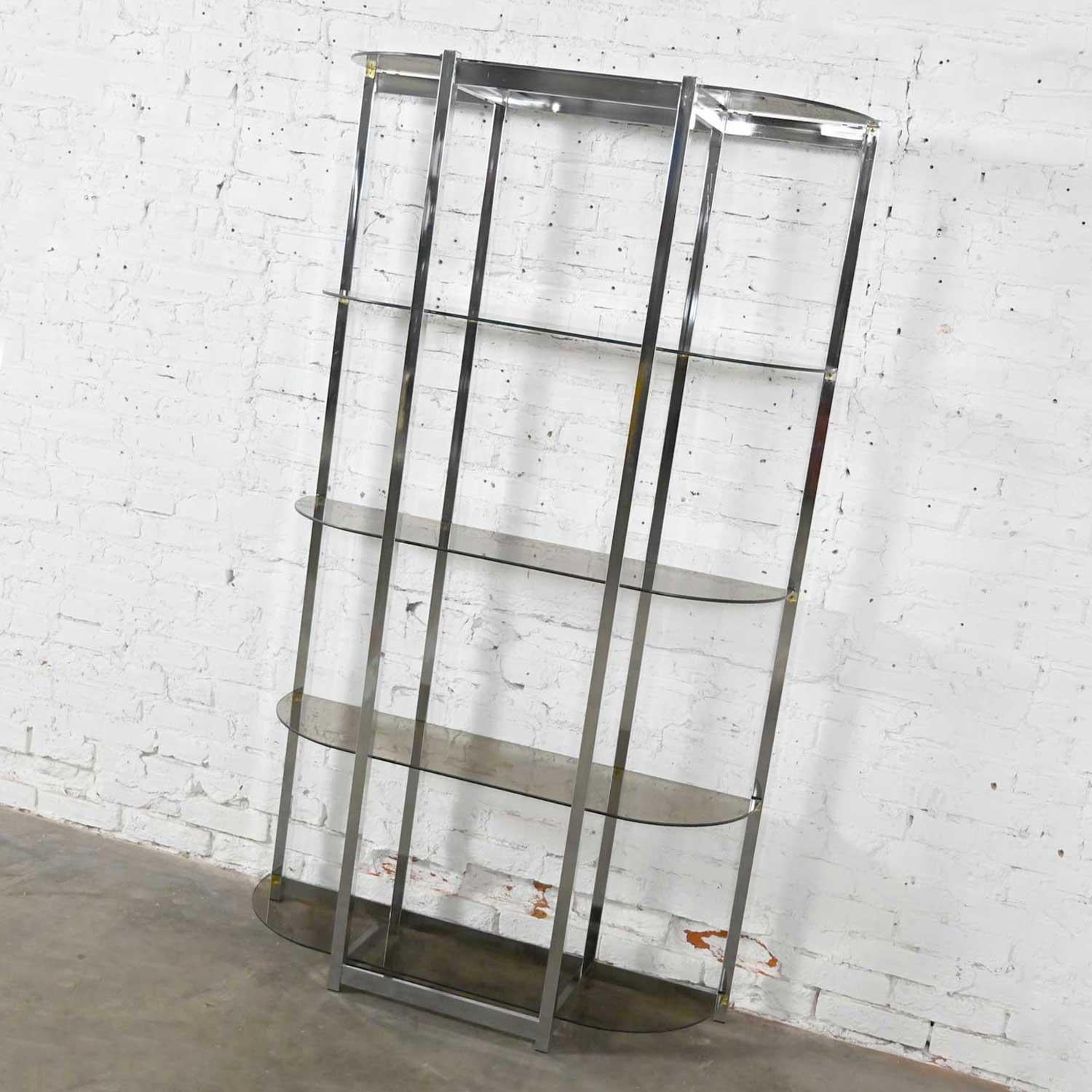 MCM Bow Shape Chrome Étagère 5 Smoked Glass Shelves Style of James David or DIA In Good Condition For Sale In Topeka, KS