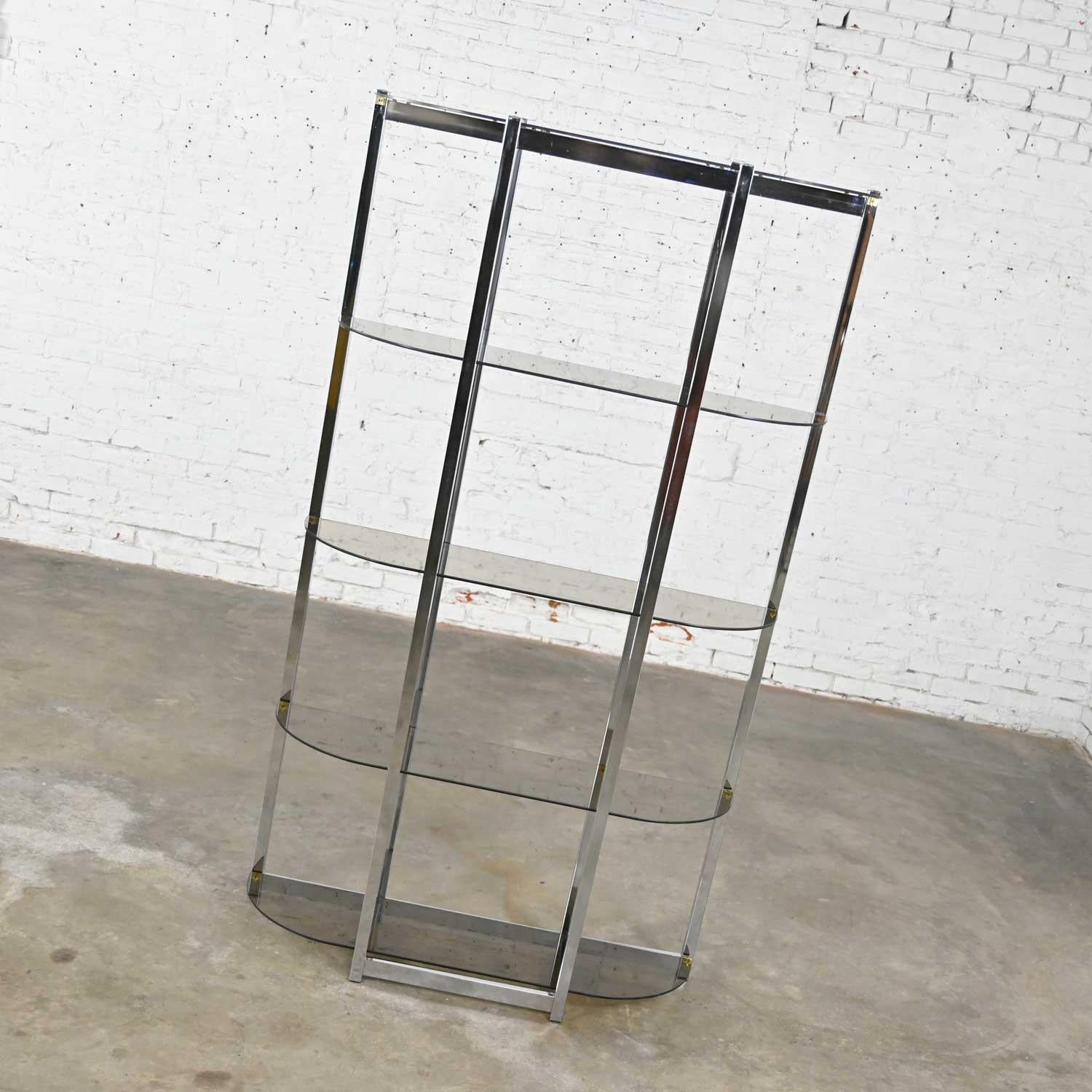 Mid-Century Modern MCM Bow Shape Chrome Étagère 5 Smoked Glass Shelves Style of James David or DIA For Sale