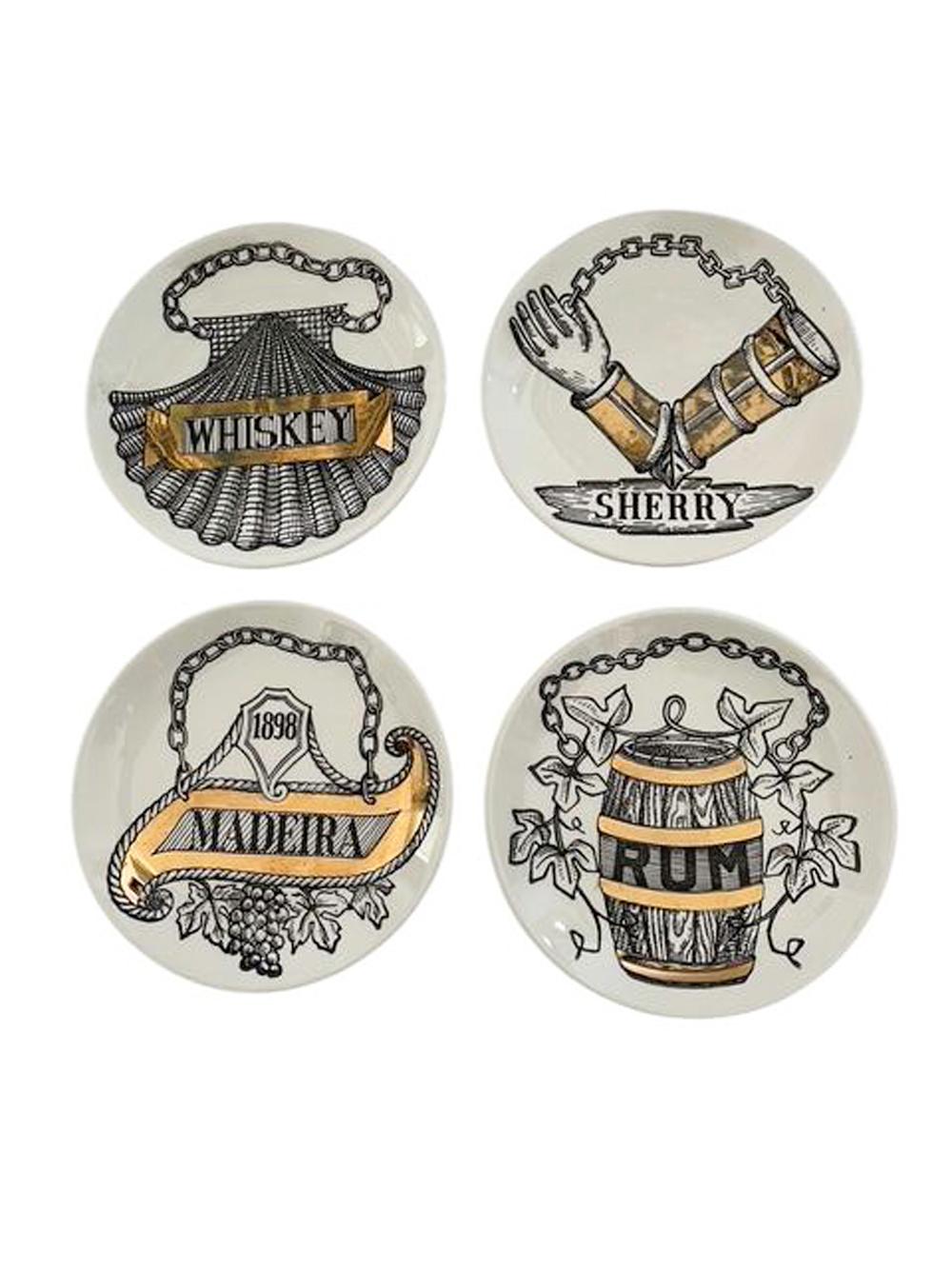Set of eight white ceramic coasters in the Vini E Liquori pattern by Fornasetti for Rosenfeld Importers. Each decorated in black and gold on white ceramic. Each coaster is decorated with the image of a different bottle/decanter label, each with the