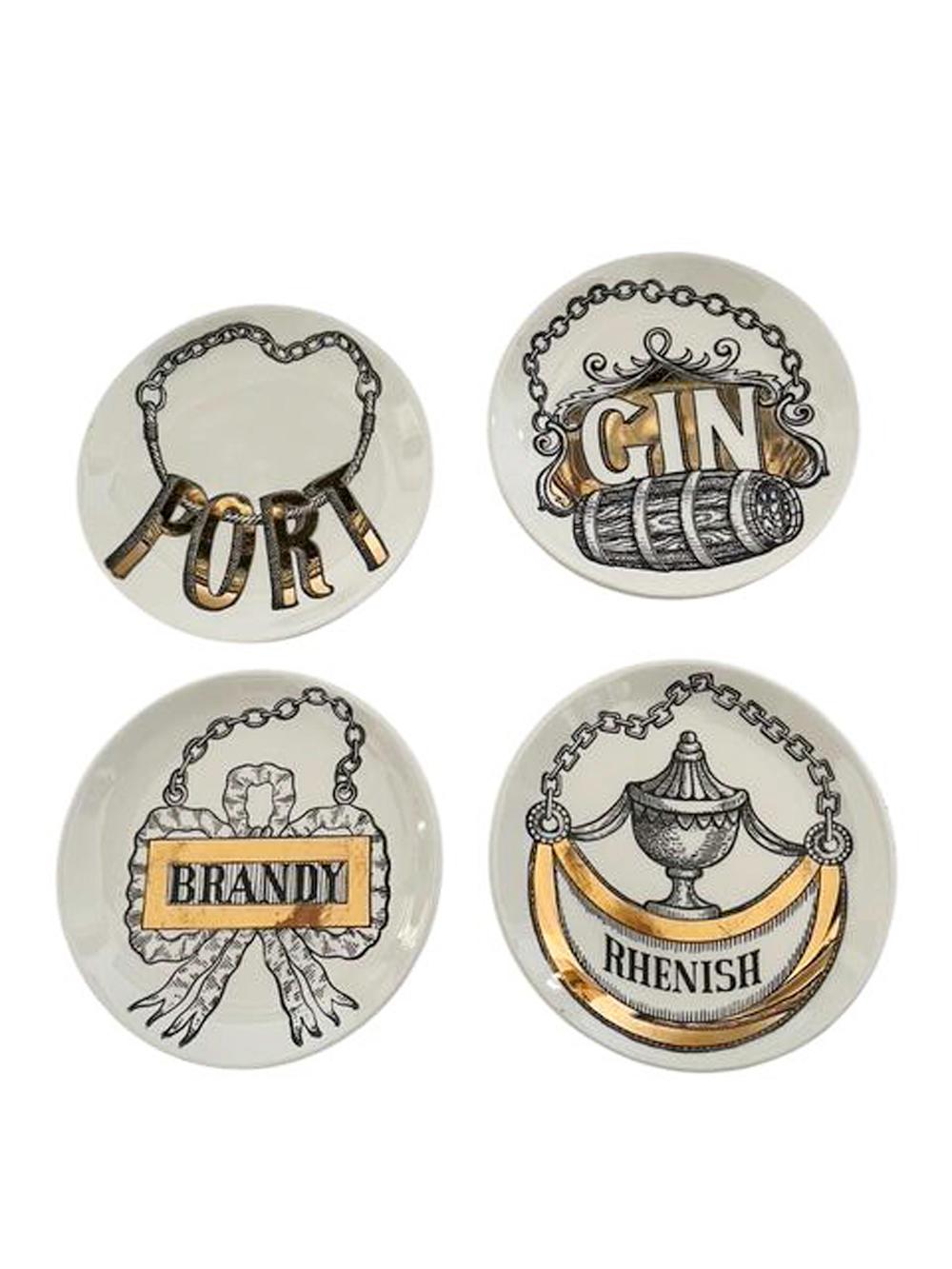 Mid-Century Modern MCM Boxed set of 8 Fornasetti Vini E Liquori Ceramic Coasters for Rosenfeld For Sale
