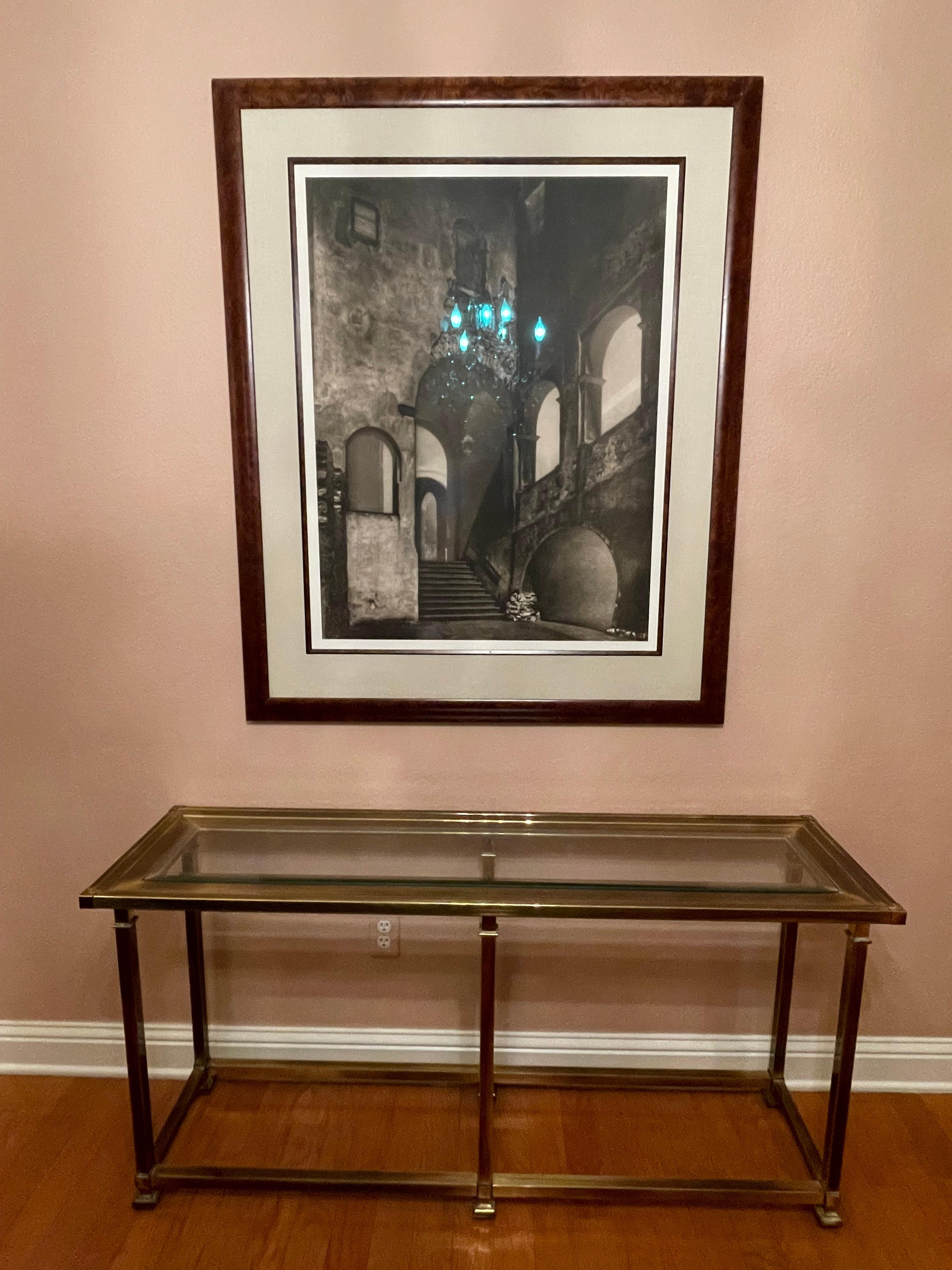 Handsome, versatile brass and glass console table! It's vintage 1960's from France...

With a beautiful antique brass patina, I love some of the design details that reflect the refined French design-eye for detail. You won't easily find a piece like