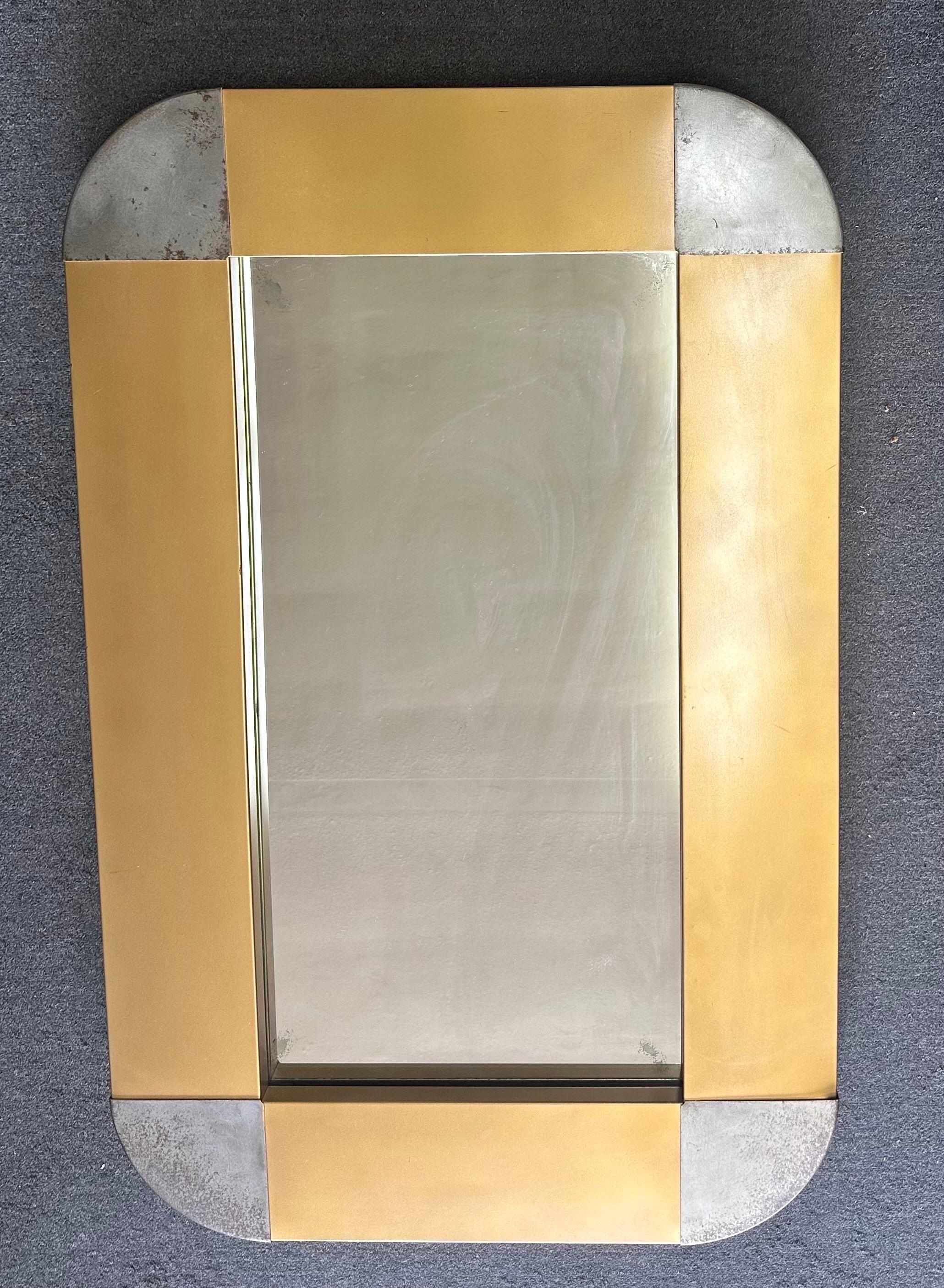 MCM Brass and Steel Rectangle Mirror by Curtis Jere for Artisian House For Sale 1