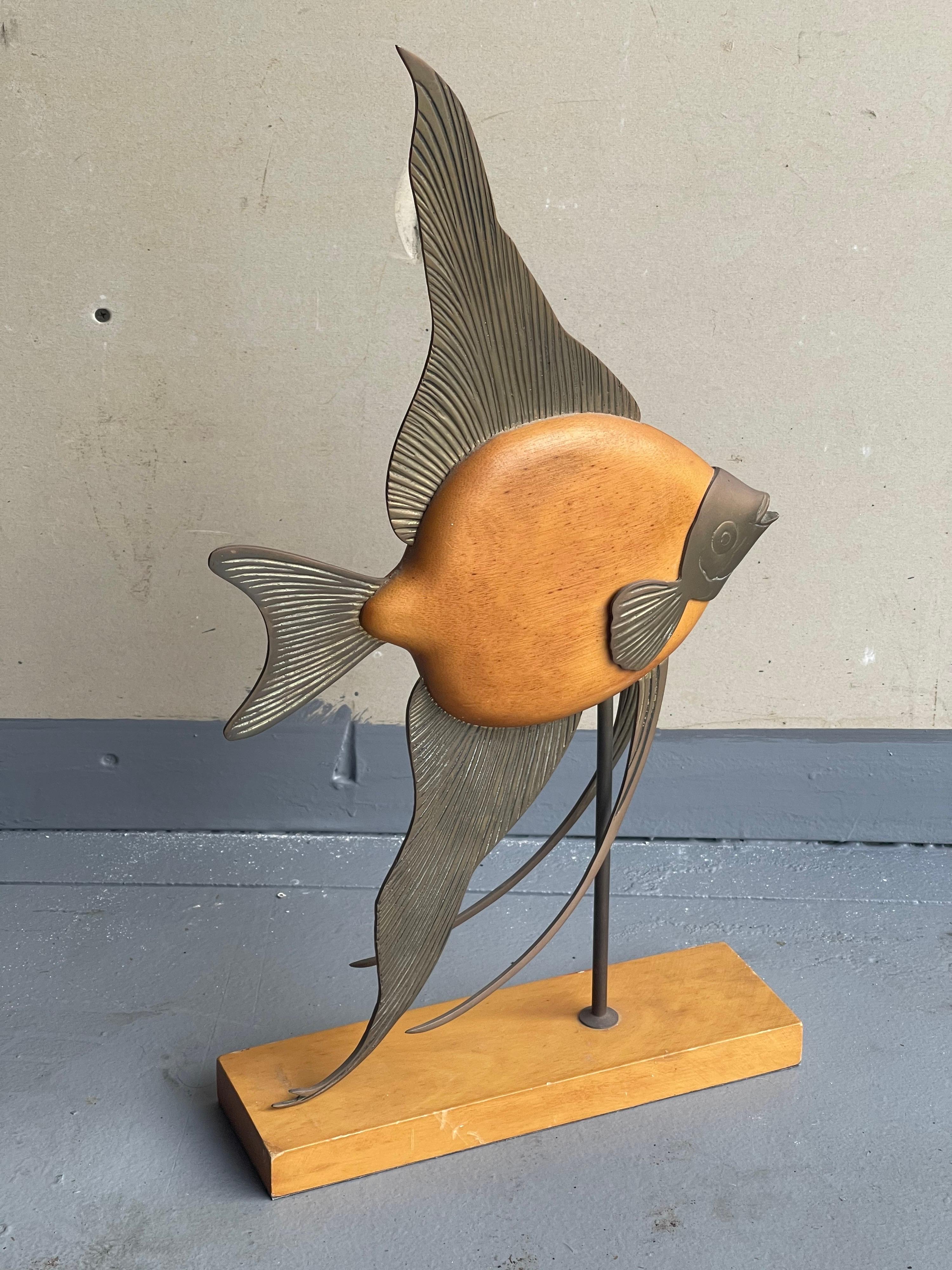 MCM Brass & Wood Angel Fish Sculpture by Frederick Cooper In Good Condition For Sale In San Diego, CA