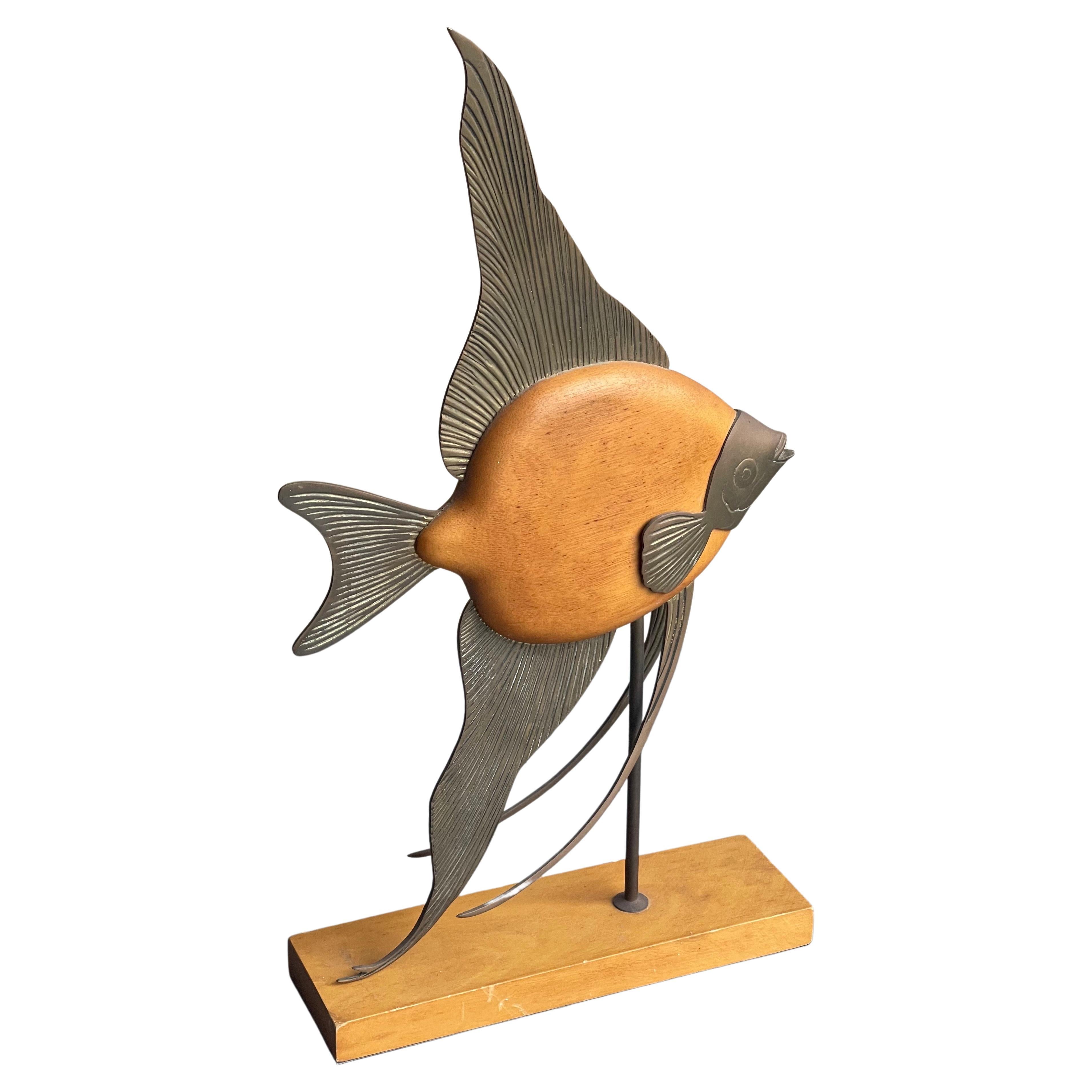 MCM Brass & Wood Angel Fish Sculpture by Frederick Cooper For Sale