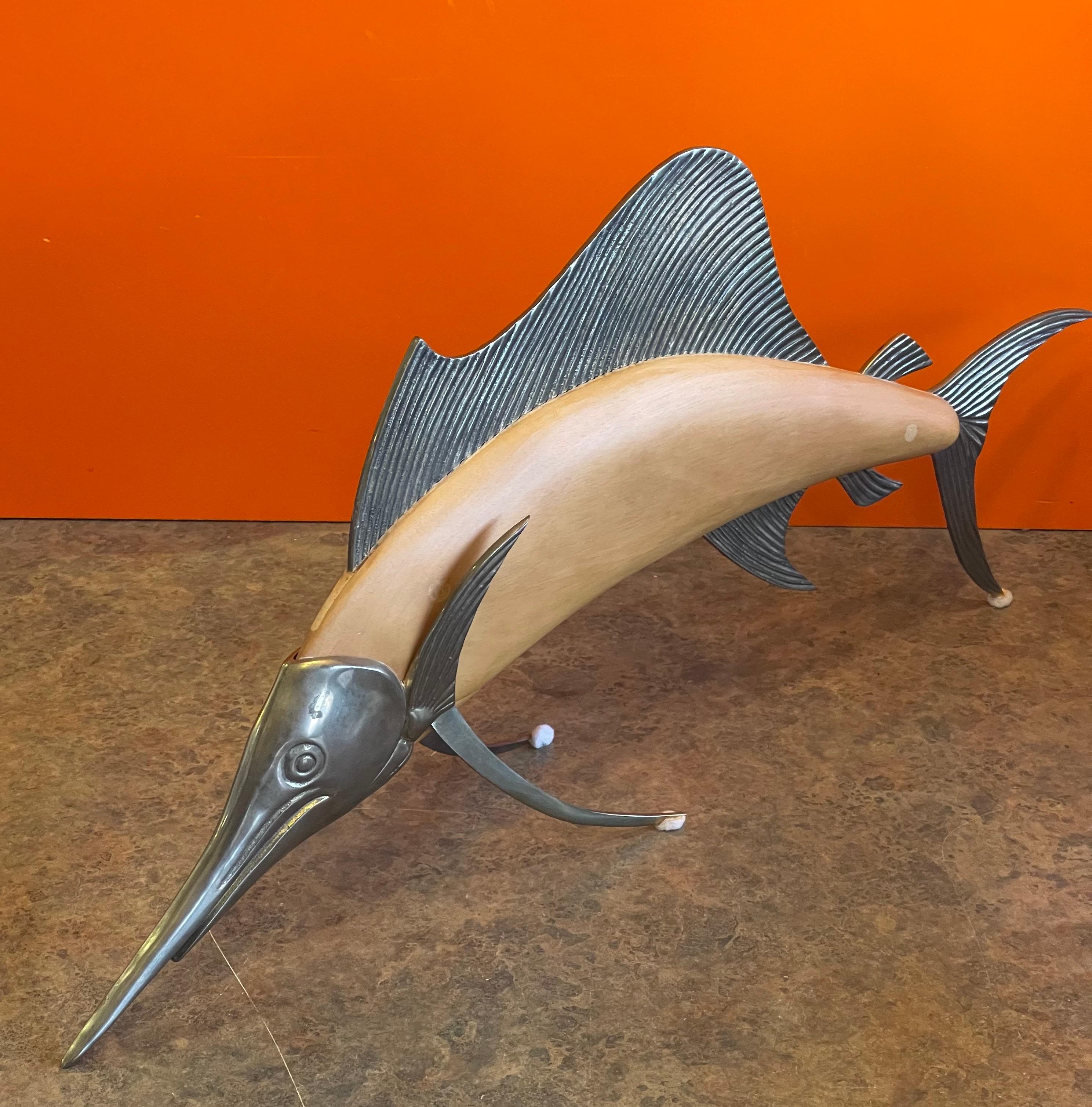 Hollywood Regency MCM Brass & Wood Sailfish / Marlin Sculpture by Frederick Cooper For Sale