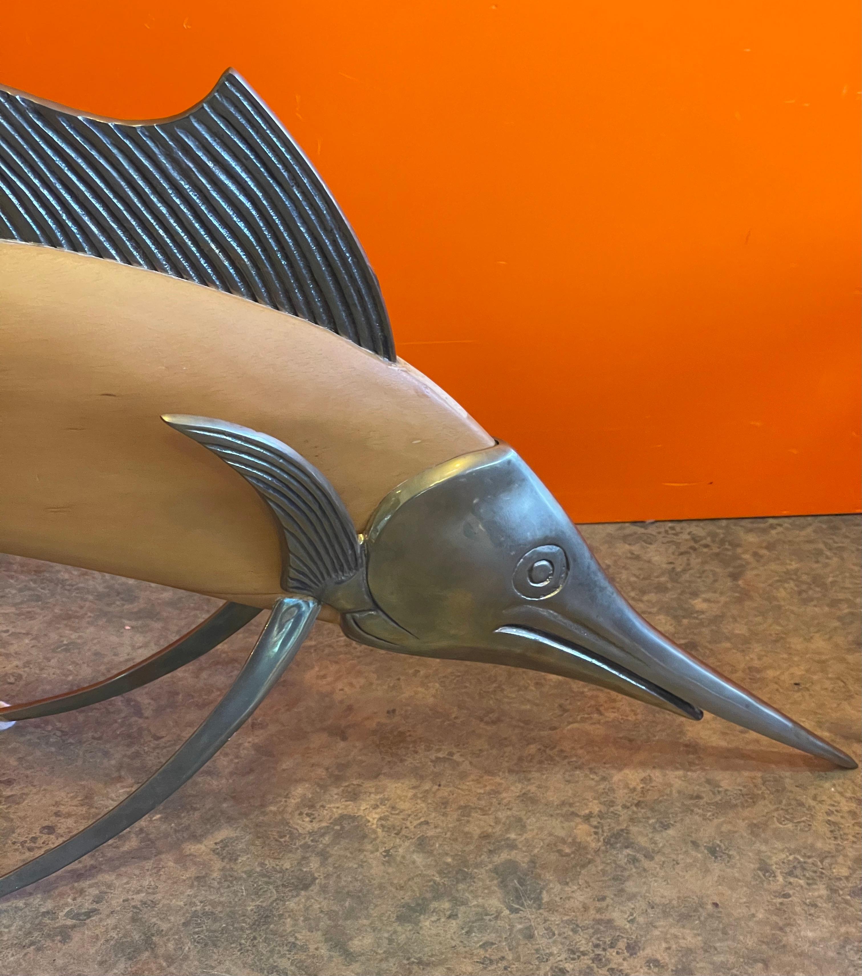 American MCM Brass & Wood Sailfish / Marlin Sculpture by Frederick Cooper For Sale