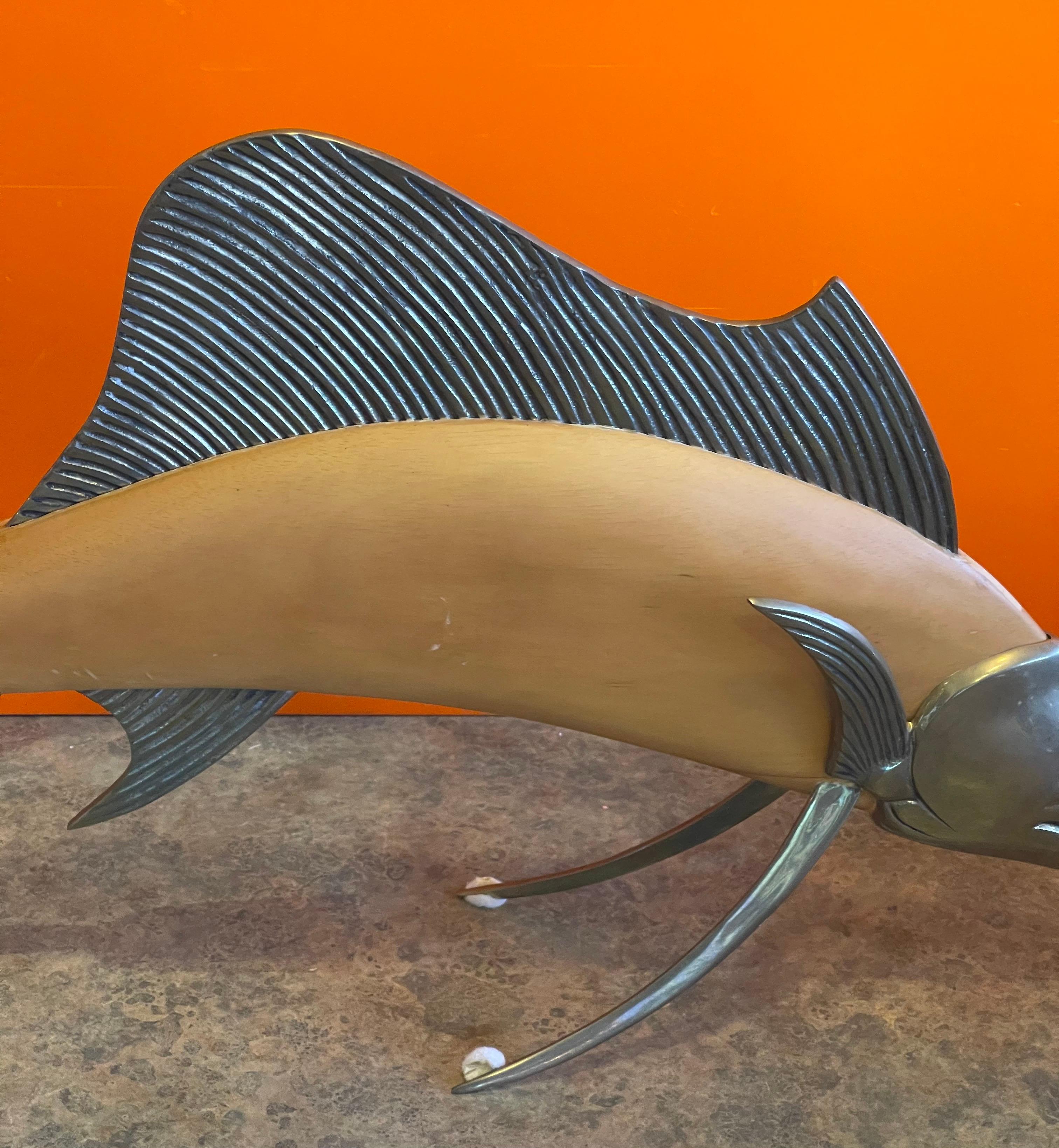 MCM Brass & Wood Sailfish / Marlin Sculpture by Frederick Cooper In Good Condition For Sale In San Diego, CA