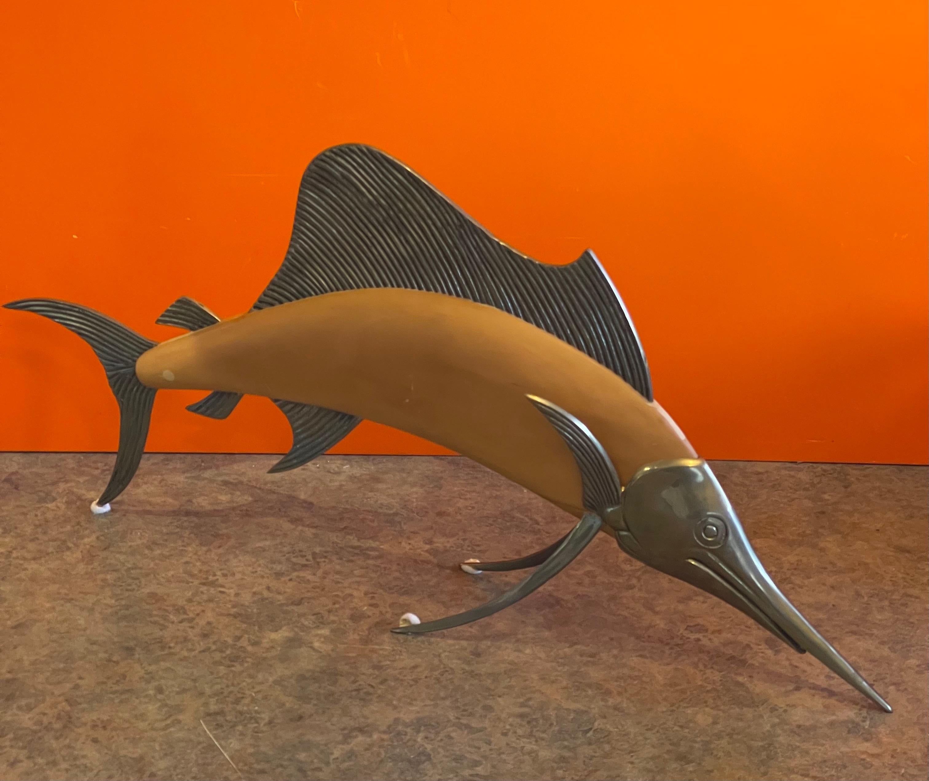 MCM Brass & Wood Sailfish / Marlin Sculpture by Frederick Cooper For Sale 1