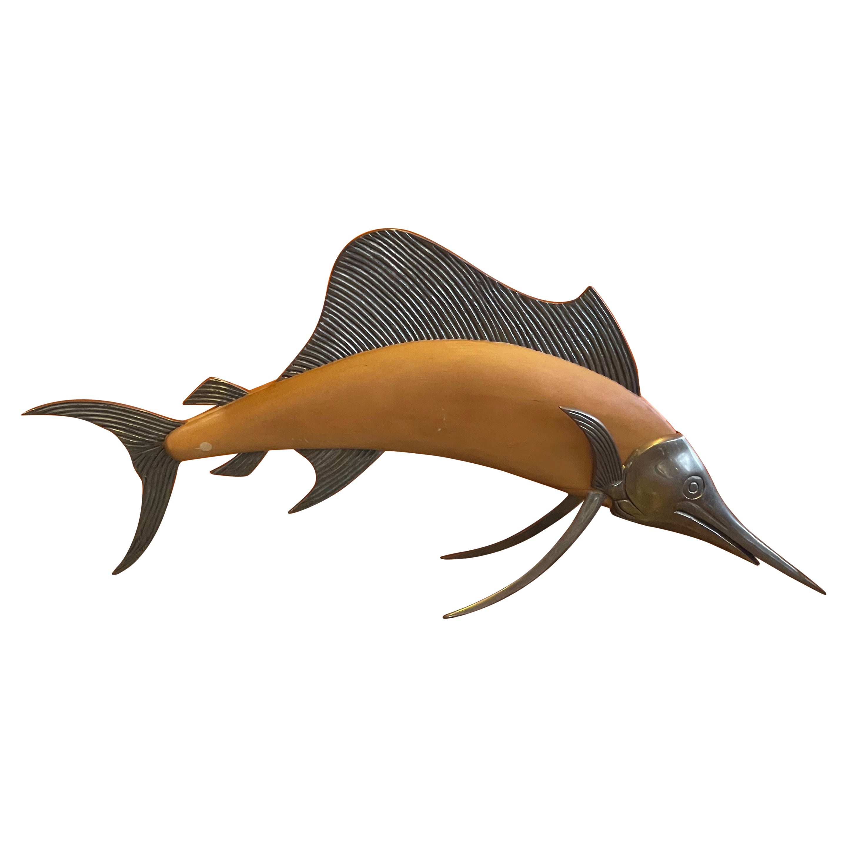 MCM Brass & Wood Sailfish / Marlin Sculpture by Frederick Cooper