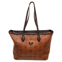 MCM Brown Canvas Shopper Tote Bag with canvas, gold-tone hardware