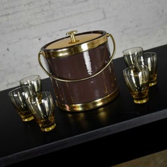 MCM Brown Vinyl & Gold Kraftware Ice Bucket & 6 Bar Glasses Style Russel Wright
