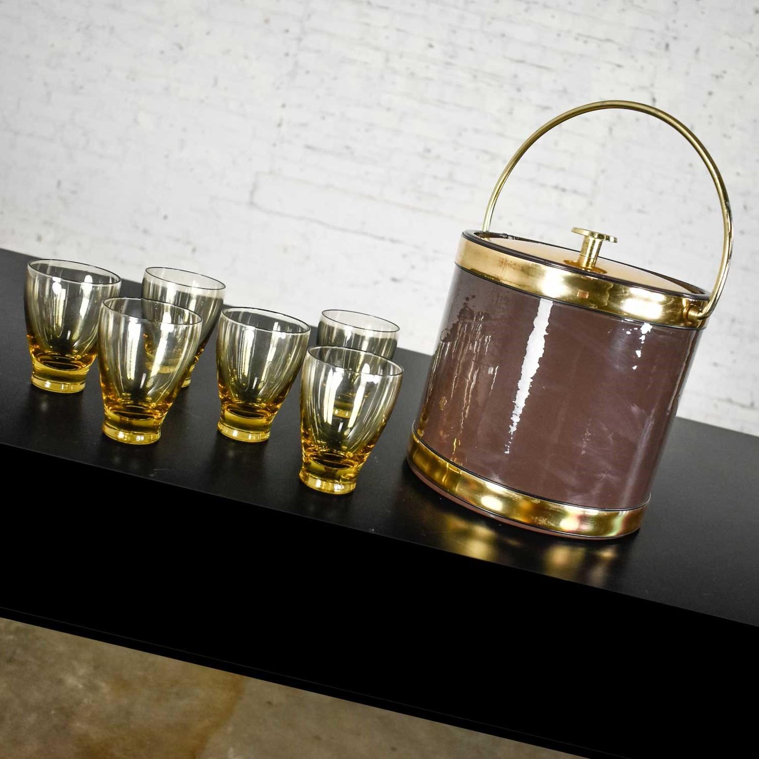 Mid-Century Modern MCM Brown Vinyl & Gold Kraftware Ice Bucket & 6 Bar Glasses Style Russel Wright For Sale