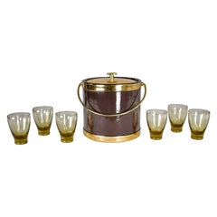 MCM Brown Vinyl & Gold Kraftware Ice Bucket & 6 Bar Glasses Style Russel Wright