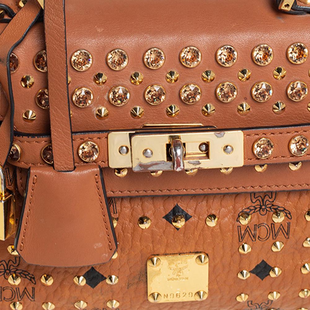 MCM Brown Visetos Coated Canvas and Leather Mini Heritage Top Handle Bag In Fair Condition In Dubai, Al Qouz 2