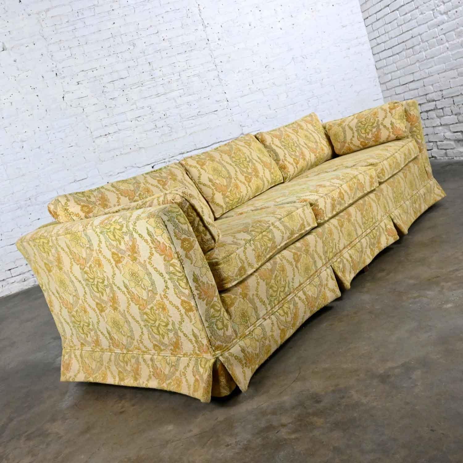 Fantastic vintage MCM (a.k.a.) mid-century modern Broyhill Furniture flared tuxedo style sofa with light yellow floral tapestry fabric by Lenoir Chair Co. Beautiful condition, keeping in mind that this is vintage and not new so will have signs of