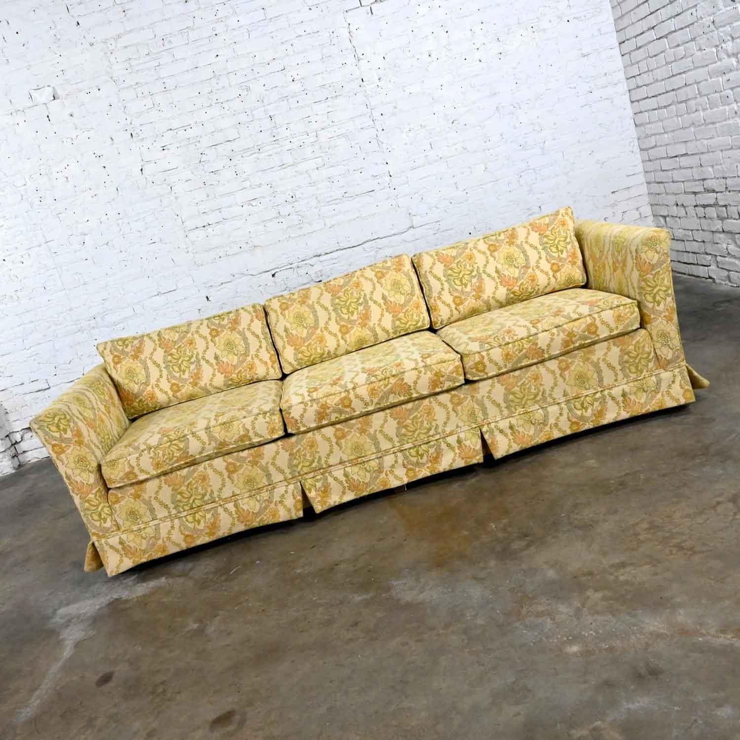 American MCM Broyhill Furn Flared Tuxedo Sofa Lt Yellow Floral Fabric by Lenoir Chair Co. For Sale