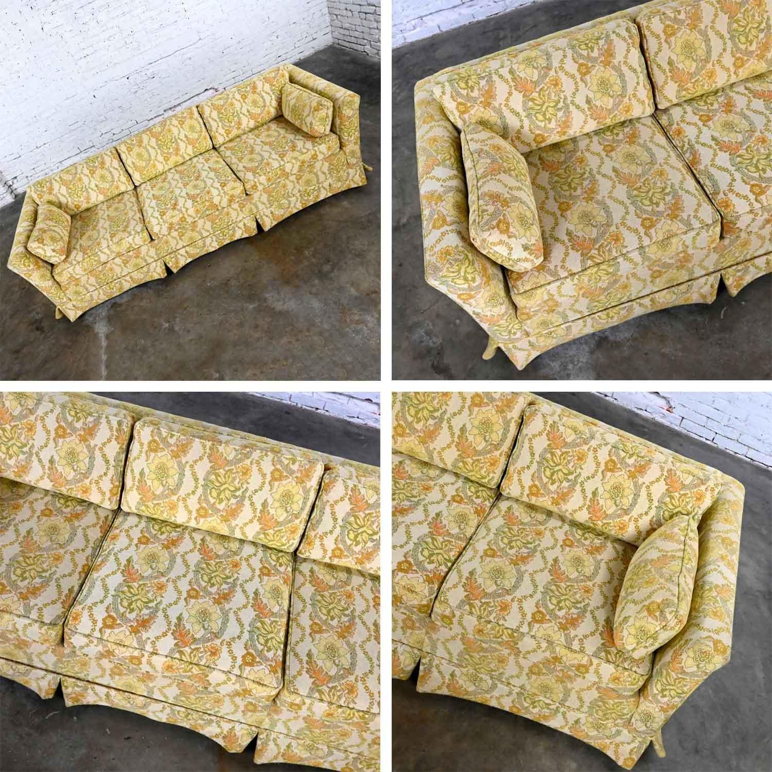 20th Century MCM Broyhill Furn Flared Tuxedo Sofa Lt Yellow Floral Fabric by Lenoir Chair Co. For Sale